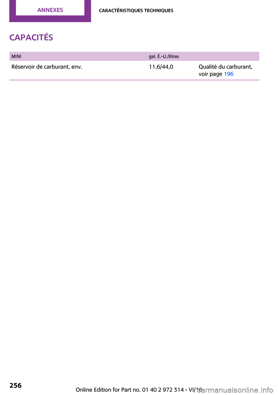 MINI 5 door 2016  Manuel du propriétaire (in French) �C�a�p�a�c�i�t�é�s� �M�I�N�I�g�a�l�.� �