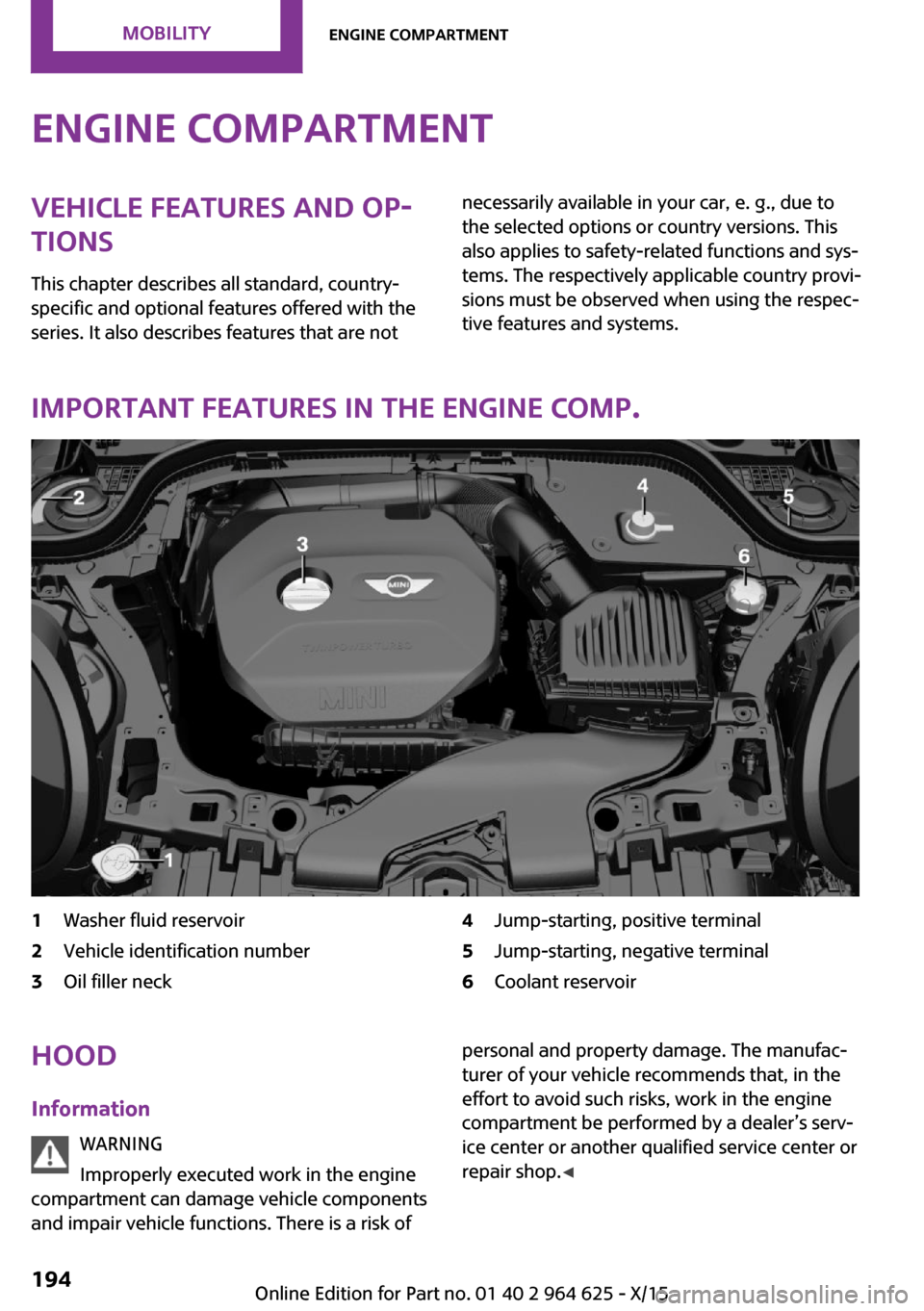 MINI 5 door 2015  Owners Manua Engine compartmentVehicle features and op‐
tions
This chapter describes all standard, country-
specific and optional features offered with the series. It also describes features that are notnecessar