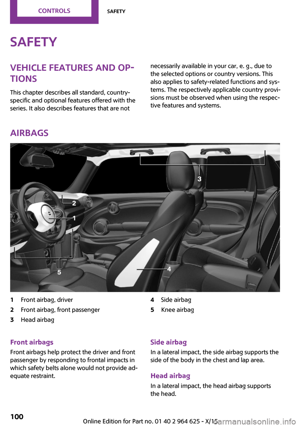 MINI 5 door 2015  Owners Manua SafetyVehicle features and op‐
tions
This chapter describes all standard, country-
specific and optional features offered with the
series. It also describes features that are notnecessarily availabl