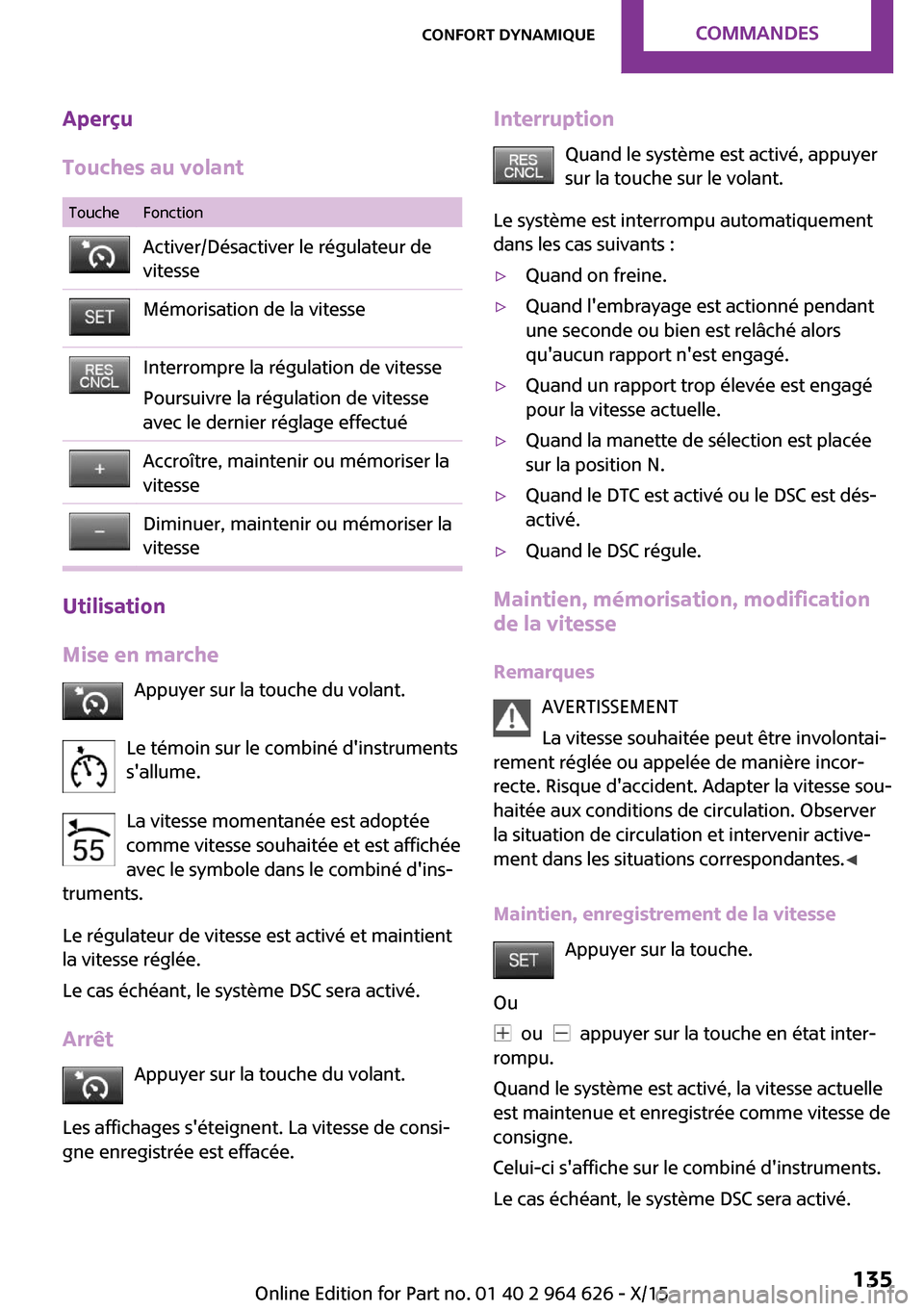 MINI 5 door 2015 Manuel du propriétaire (in French) Aperçu
Touches au volantToucheFonctionActiver/Désactiver le régulateur de
vitesseMémorisation de la vitesseInterrompre la régulation de vitesse
Poursuivre la régulation de vitesse
avec le dernie MINI 5 door 2015 Manuel du propriétaire (in French) Aperçu
Touches au volantToucheFonctionActiver/Désactiver le régulateur de
vitesseMémorisation de la vitesseInterrompre la régulation de vitesse
Poursuivre la régulation de vitesse
avec le dernie