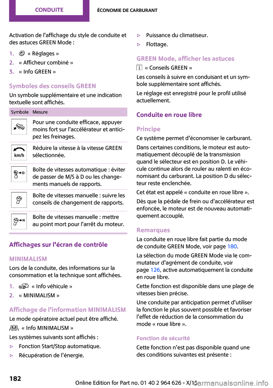 MINI 5 door 2015  Manuel du propriétaire (in French) Activation de laffichage du style de conduite et
des astuces GREEN Mode :1.  « Réglages »2.« Afficheur combiné »3.« Info GREEN »
Symboles des conseils GREEN
Un symbole supplémentaire et une 