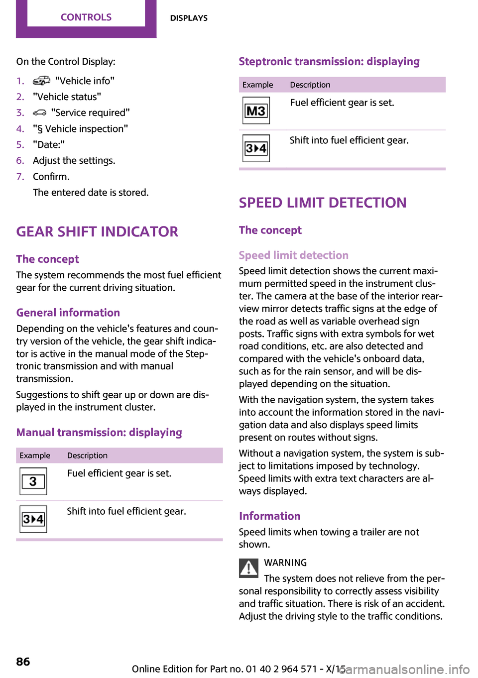 MINI Clubman 2016 Owners Manual (Mini Connected) On the Control Display:1. "Vehicle info"2."Vehicle status"3. "Service required"4."§ Vehicle inspection"5."Date:"6.Adjust the settings.7.Confirm.
The entered date is stored.
Gear shift indicator
The MINI Clubman 2016 Owners Manual (Mini Connected) On the Control Display:1. "Vehicle info"2."Vehicle status"3. "Service required"4."§ Vehicle inspection"5."Date:"6.Adjust the settings.7.Confirm.
The entered date is stored.
Gear shift indicator
The