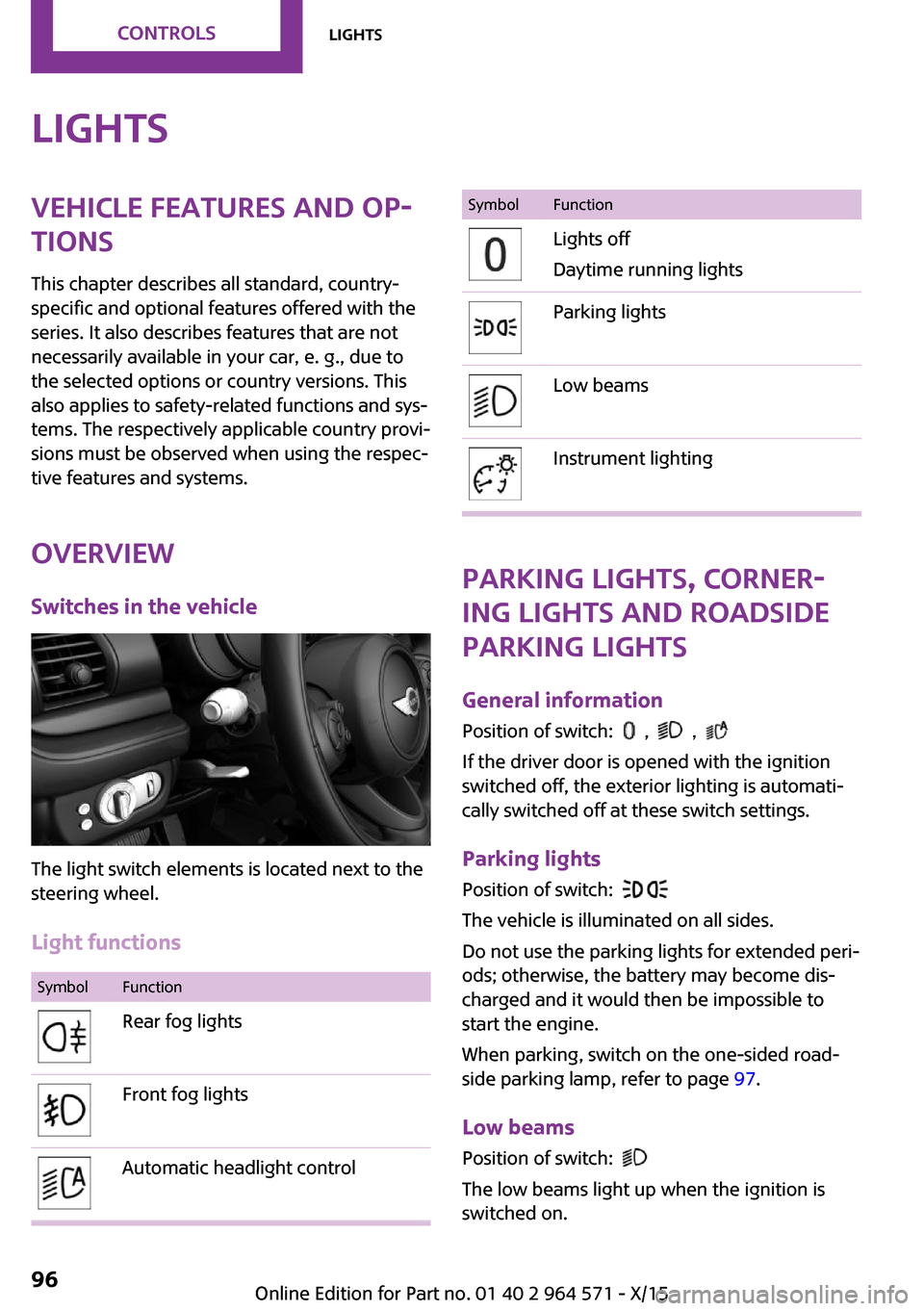 MINI Clubman 2016 (Mini Connected) Owners Manual LightsVehicle features and op‐
tions
This chapter describes all standard, country-
specific and optional features offered with the
series. It also describes features that are not
necessarily availab MINI Clubman 2016 (Mini Connected) Owners Manual LightsVehicle features and op‐
tions
This chapter describes all standard, country-
specific and optional features offered with the
series. It also describes features that are not
necessarily availab