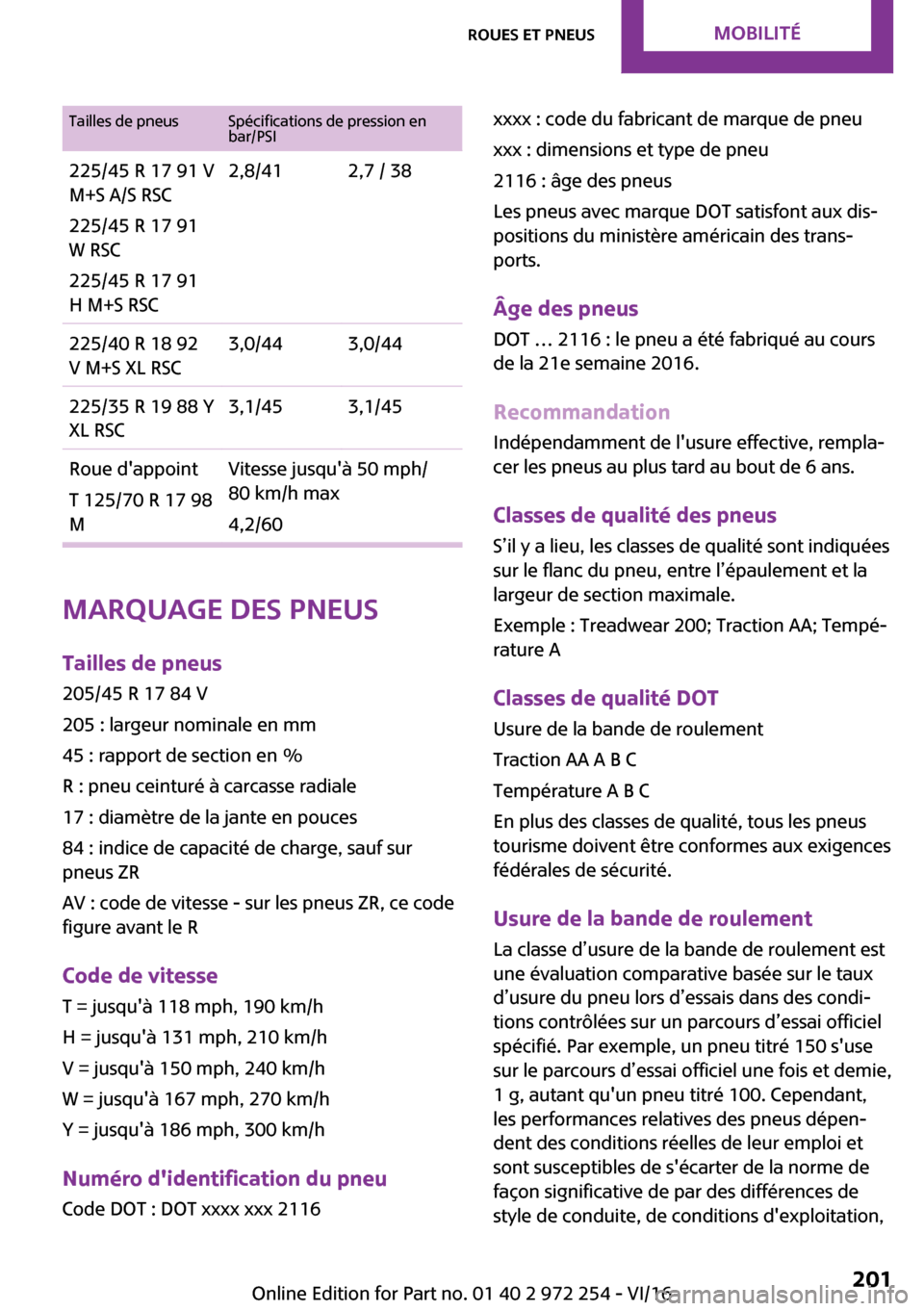 MINI Clubman 2016  Manuel du propriétaire (in French) �T�a�i�l�l�e�s� �d�e� �p�n�e�u�s�S�p�é�c�i�f�i�c�a�t�i�o�n�s� �d�e� �p�r�e�s�s�i�o�n� �e�n
�b�a�r�/�P�S�I�2�2�5�/�4�5� �R� �1�7� �9�1� �V
�M�+�S� �A�/�S� �R�S�C
�2�2�5�/�4�5� �R� �1�7� �9�1
�W� �R�S�
