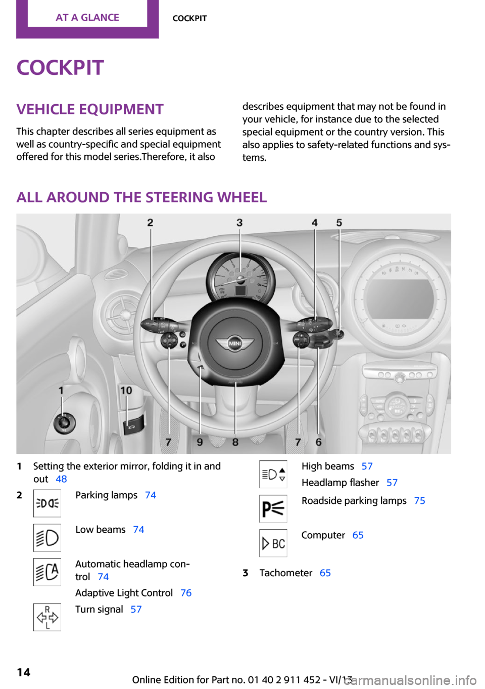 MINI Clubman 2014 Owners Manual (Mini Connected) CockpitVehicle equipment
This chapter describes all series equipment as
well as country-specific and special equipment
offered for this model series.Therefore, it alsodescribes equipment that may not MINI Clubman 2014 Owners Manual (Mini Connected) CockpitVehicle equipment
This chapter describes all series equipment as
well as country-specific and special equipment
offered for this model series.Therefore, it alsodescribes equipment that may not