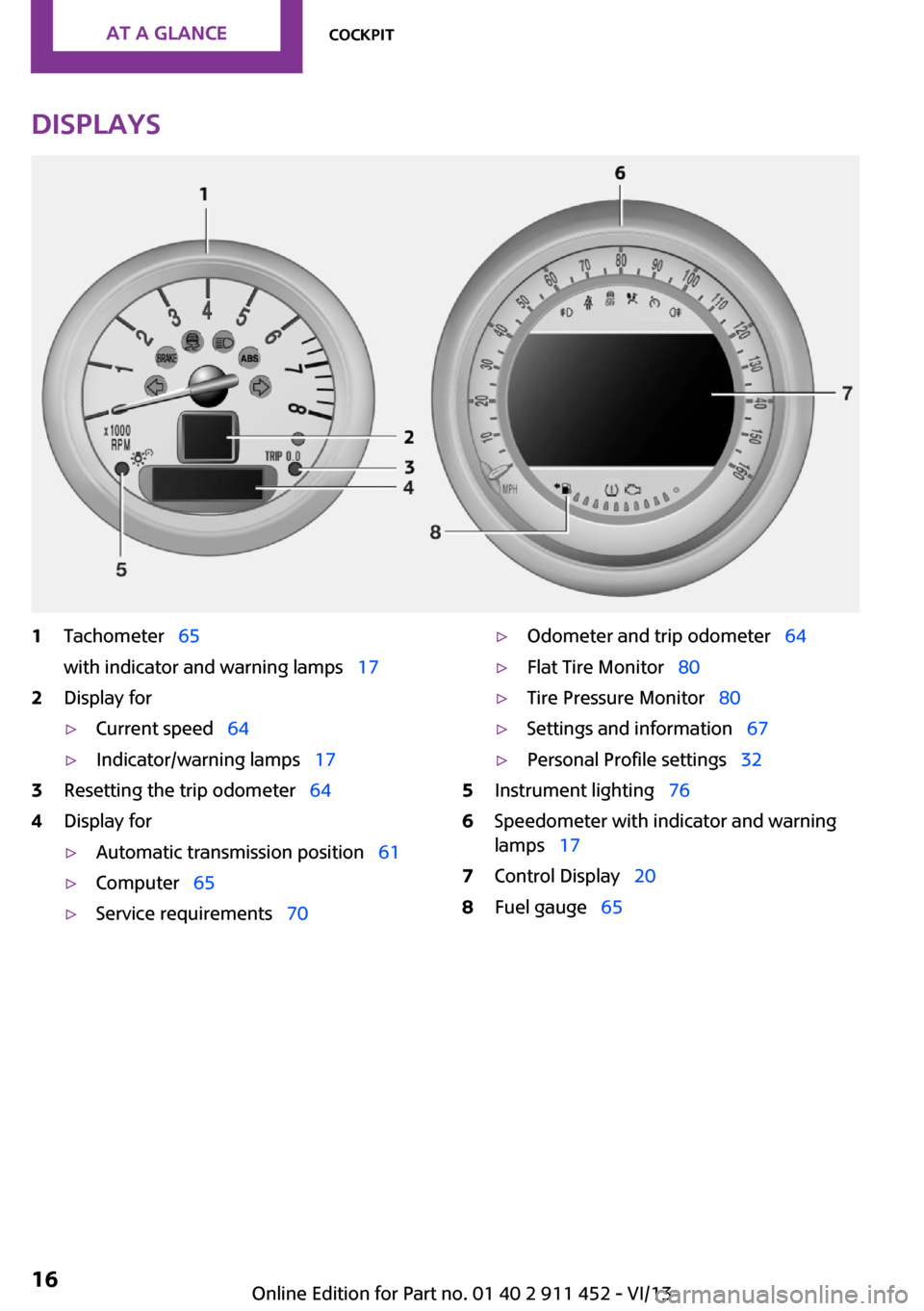 MINI Clubman 2014 Owners Manual (Mini Connected) Displays1Tachometer 65
with indicator and warning lamps 172Display for▷Current speed 64▷Indicator/warning lamps 173Resetting the trip odometer 644Display for▷Automati MINI Clubman 2014 Owners Manual (Mini Connected) Displays1Tachometer 65
with indicator and warning lamps 172Display for▷Current speed 64▷Indicator/warning lamps 173Resetting the trip odometer 644Display for▷Automati