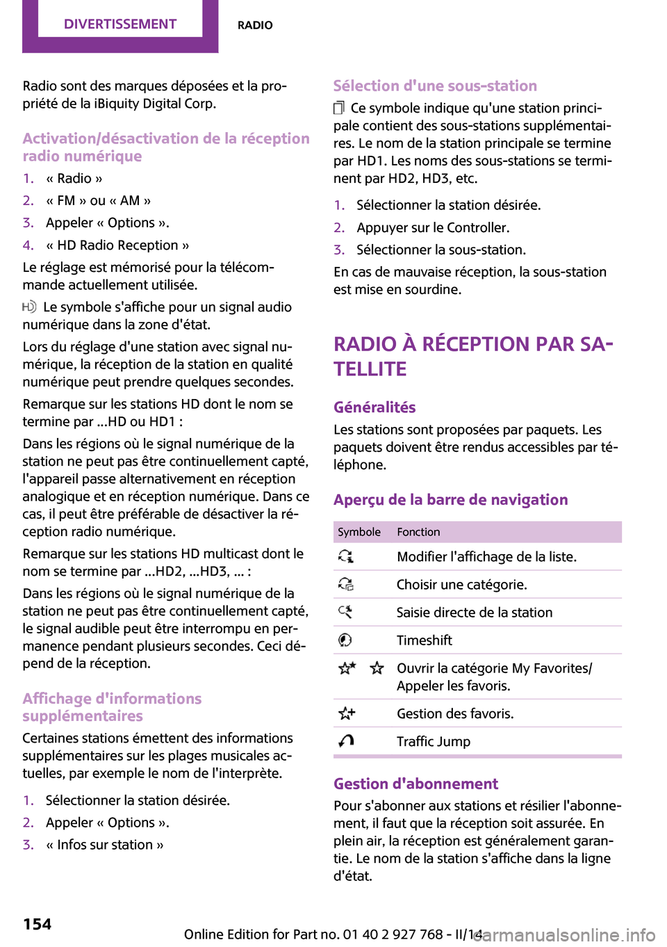 MINI Clubman 2014  Manuel du propriétaire (in French) Radio sont des marques déposées et la pro‐
priété de la iBiquity Digital Corp.
Activation/désactivation de la réception
radio numérique1.« Radio »2.« FM » ou « AM »3.Appeler « Options 