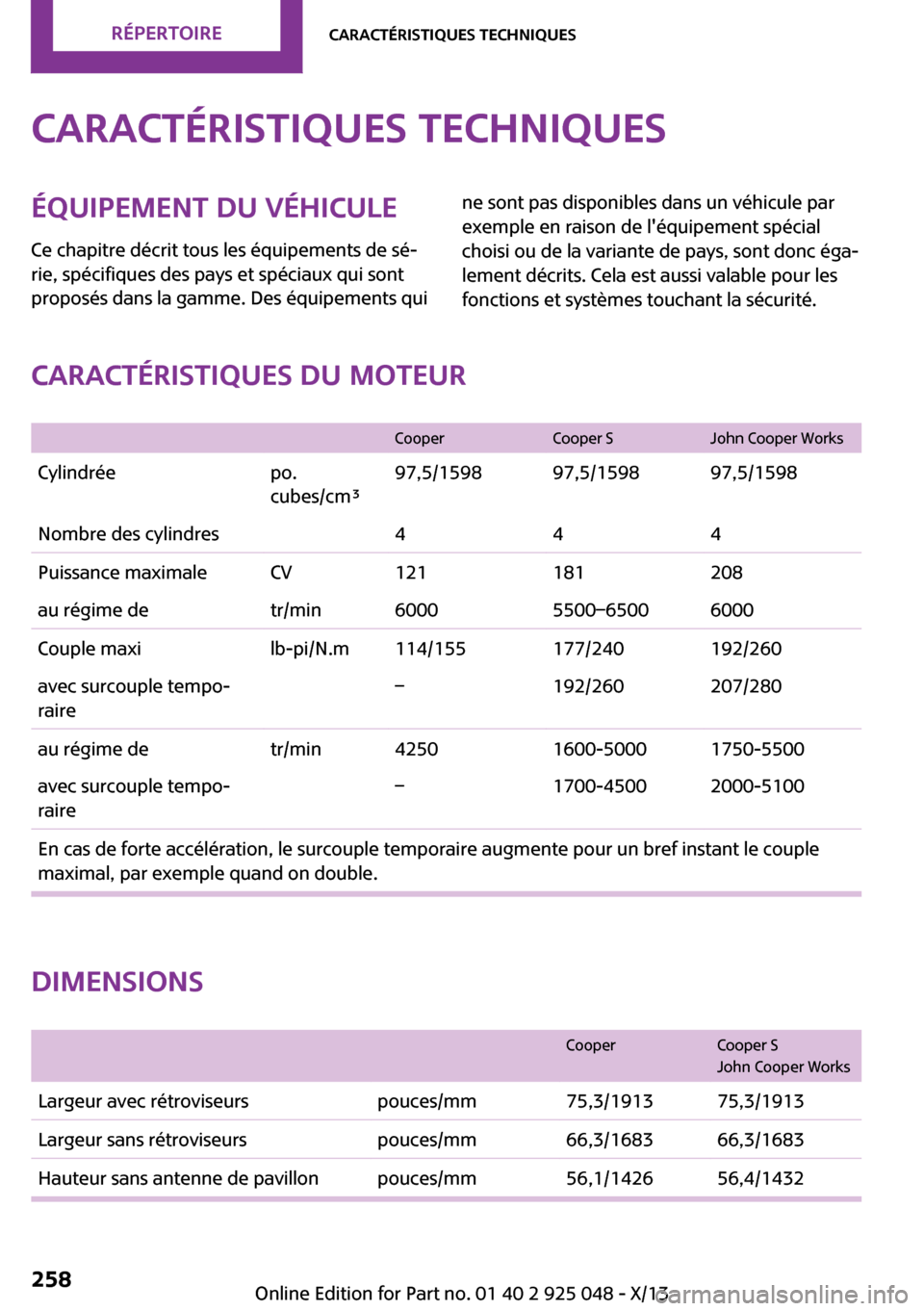 MINI Clubman 2013 Manuel du propriétaire (in French) Caractéristiques techniquesÉquipement du véhiculeCe chapitre décrit tous les équipements de sé‐
rie, spécifiques des pays et spéciaux qui sont
proposés dans la gamme. Des équipements quine MINI Clubman 2013 Manuel du propriétaire (in French) Caractéristiques techniquesÉquipement du véhiculeCe chapitre décrit tous les équipements de sé‐
rie, spécifiques des pays et spéciaux qui sont
proposés dans la gamme. Des équipements quine