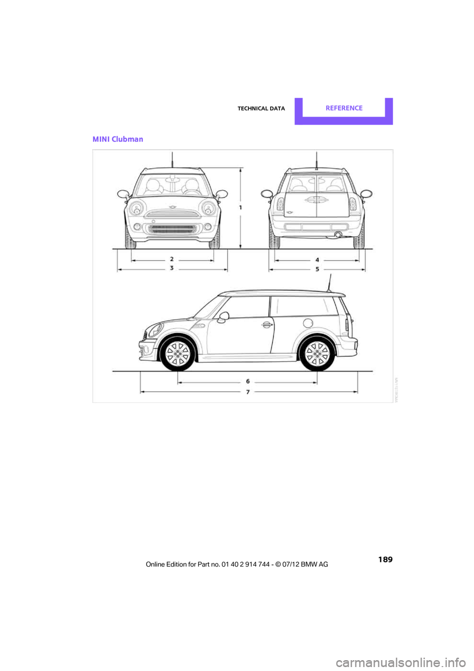 MINI Clubman 2012  Owners Manual Technical dataREFERENCE
 189
MINI Clubman
Online  Edition  for Part  no. 01 40 2 914  744 - \251  07/12  BMW AG  