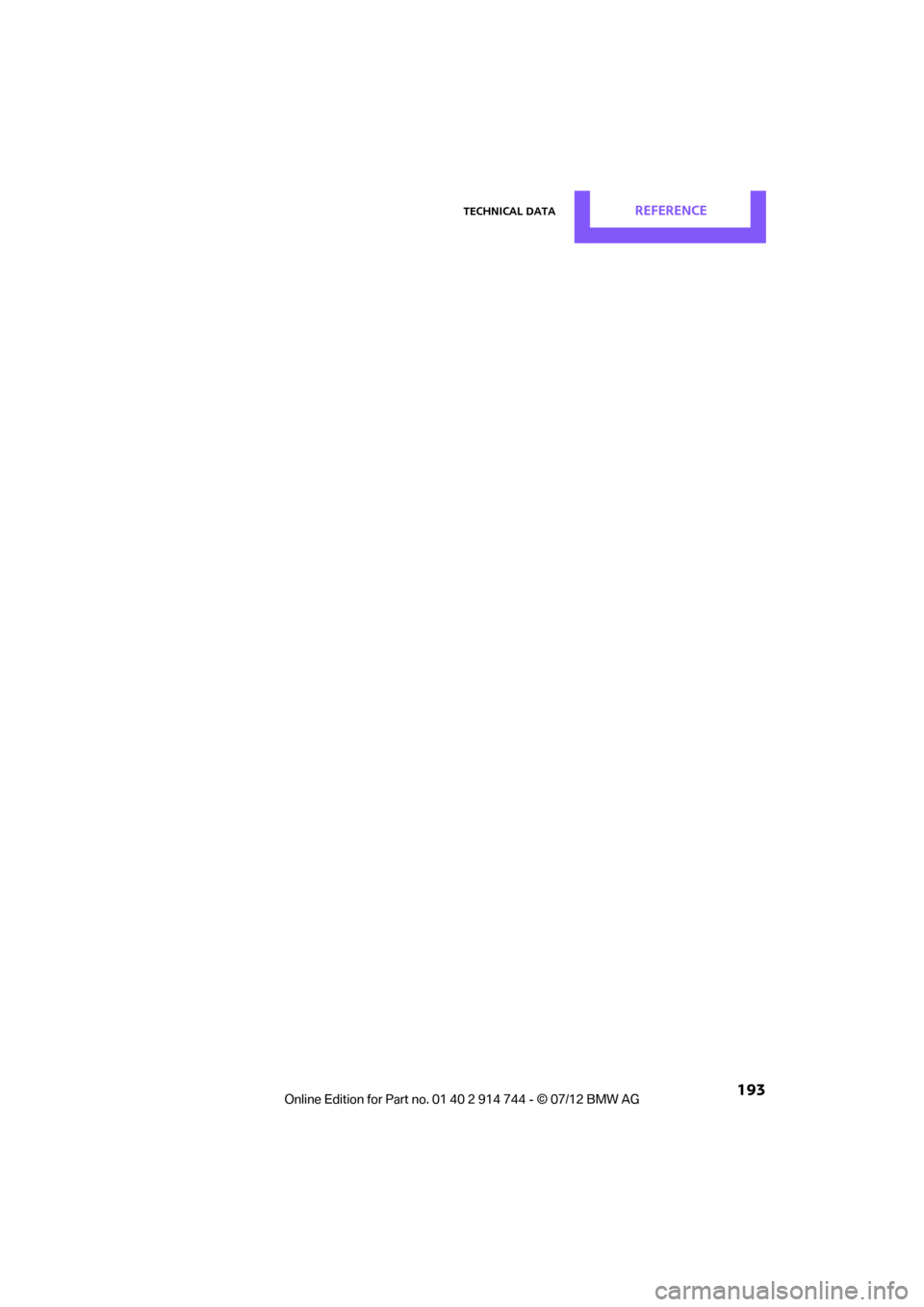 MINI Clubman 2012  Owners Manual Technical dataREFERENCE
 193
Online  Edition  for Part  no. 01 40 2 914  744 - \251  07/12  BMW AG  
