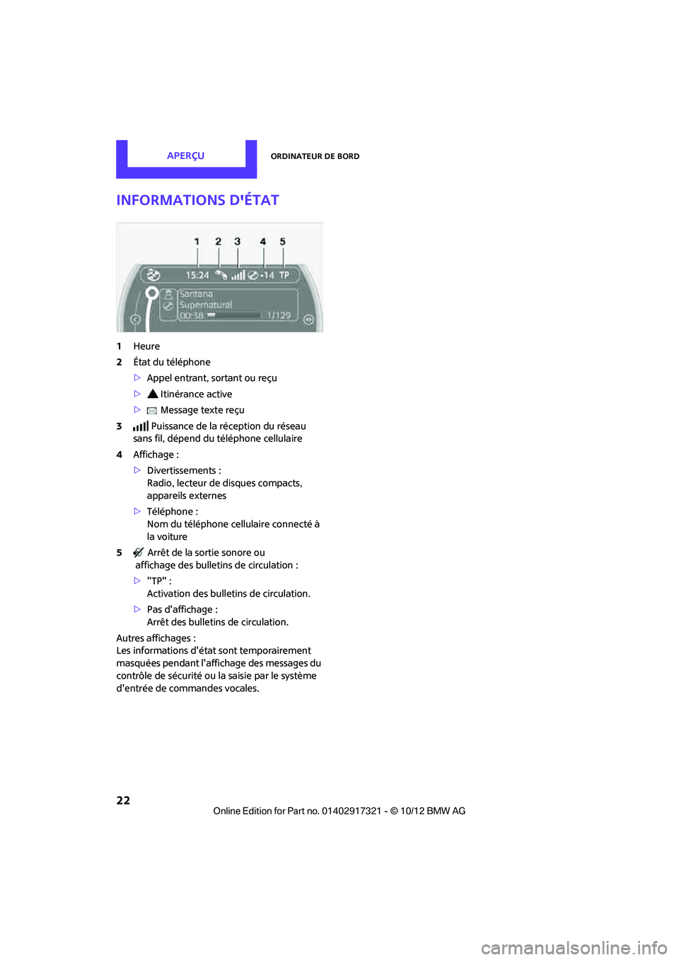 MINI Clubman 2012  Manuel du propriétaire (in French) AperçuOrdinateur de bord
22
Informations détat
1Heure
2 État du téléphone
>Appel entrant, sortant ou reçu
> Itinérance active
> Message texte reçu
3 Puissance de la réception du réseau 
san