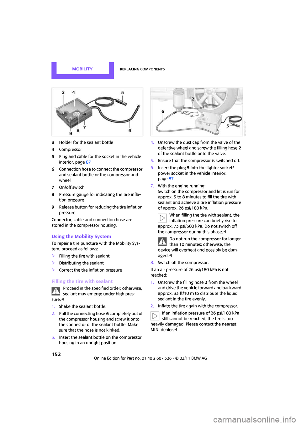 MINI Clubman 2011 Service Manual MOBILITYReplacing components
152
3Holder for the sealant bottle
4 Compressor
5 Plug and cable for the socket in the vehicle
interior, page 87
6 Connection hose to connect the compressor
and sealant MINI Clubman 2011 Service Manual MOBILITYReplacing components
152
3Holder for the sealant bottle
4 Compressor
5 Plug and cable for the socket in the vehicle
interior, page 87
6 Connection hose to connect the compressor
and sealant