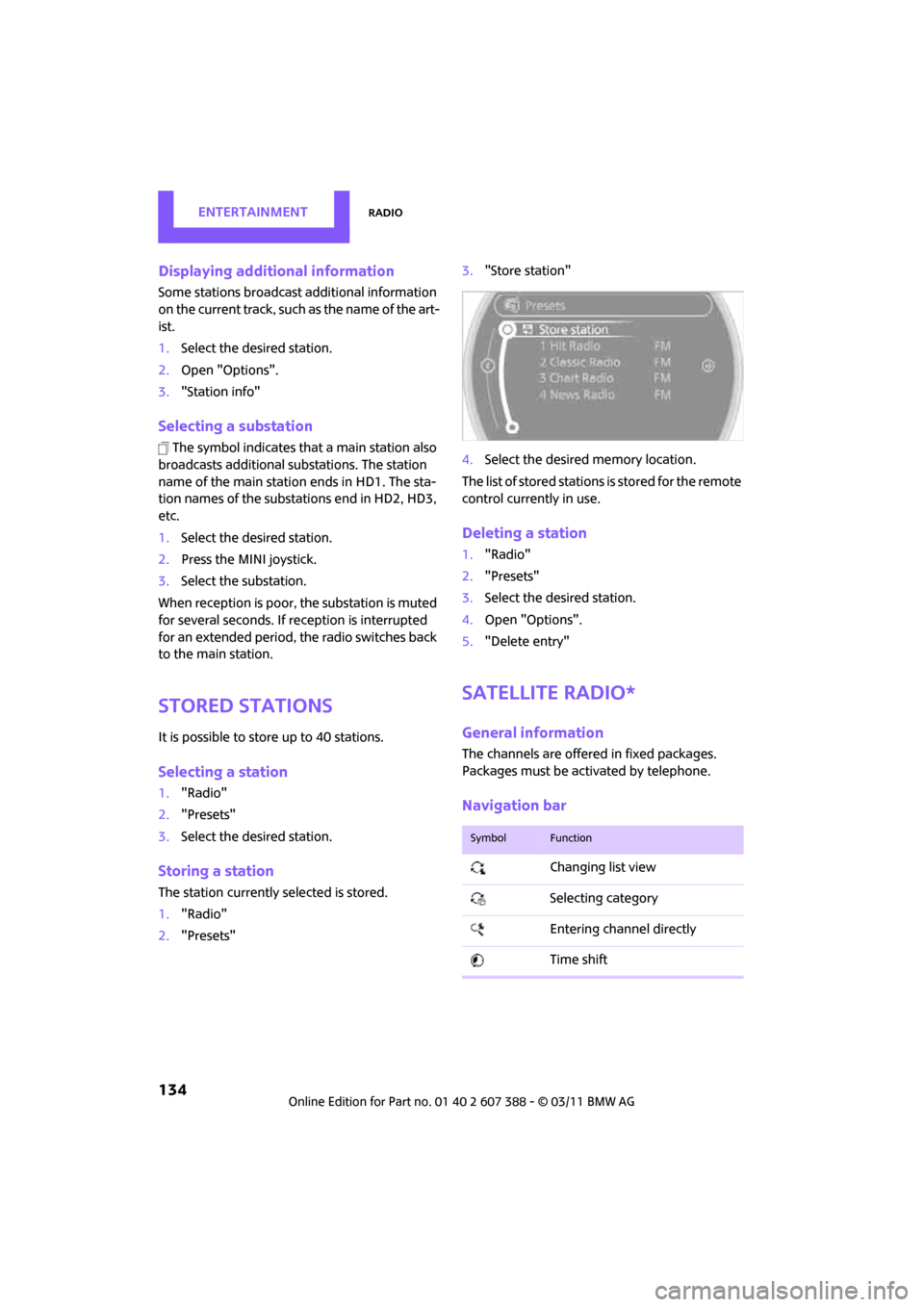 MINI Clubman 2011 (Mini Connected) Repair Manual ENTERTAINMENTRadio
134
Displaying additional information
Some stations broadcast additional information
on the current track, such as the name of the art-
ist.
1. Select the desired station.
2. Open MINI Clubman 2011 (Mini Connected) Repair Manual ENTERTAINMENTRadio
134
Displaying additional information
Some stations broadcast additional information
on the current track, such as the name of the art-
ist.
1. Select the desired station.
2. Open