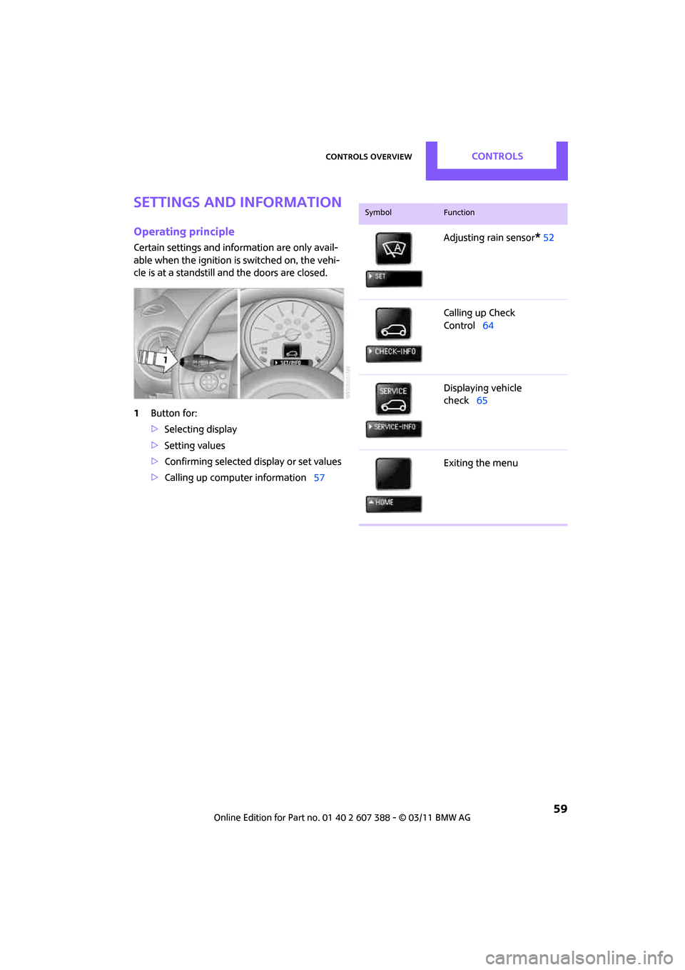 MINI Clubman 2011 (Mini Connected) Repair Manual Controls overviewCONTROLS
59
Settings and information
Operating principle
Certain settings and information are only avail-
able when the ignition is switched on, the vehi-
cle is at a standstill and MINI Clubman 2011 (Mini Connected) Repair Manual Controls overviewCONTROLS
59
Settings and information
Operating principle
Certain settings and information are only avail-
able when the ignition is switched on, the vehi-
cle is at a standstill and