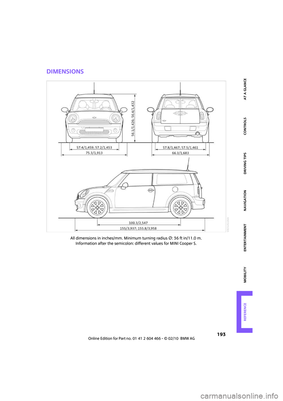 MINI Clubman 2010  Owners Manual (Mini Connected) MOBILITYAT A GLANCE CONTROLS DRIVING TIPS ENTERTAINMENT
 193
NAVIGATION REFERENCE
Dimensions
All dimensions in inches/mm. Minimum turning radius Δ: 36 ft in/11.0 m. 
Information after the semicolon: 