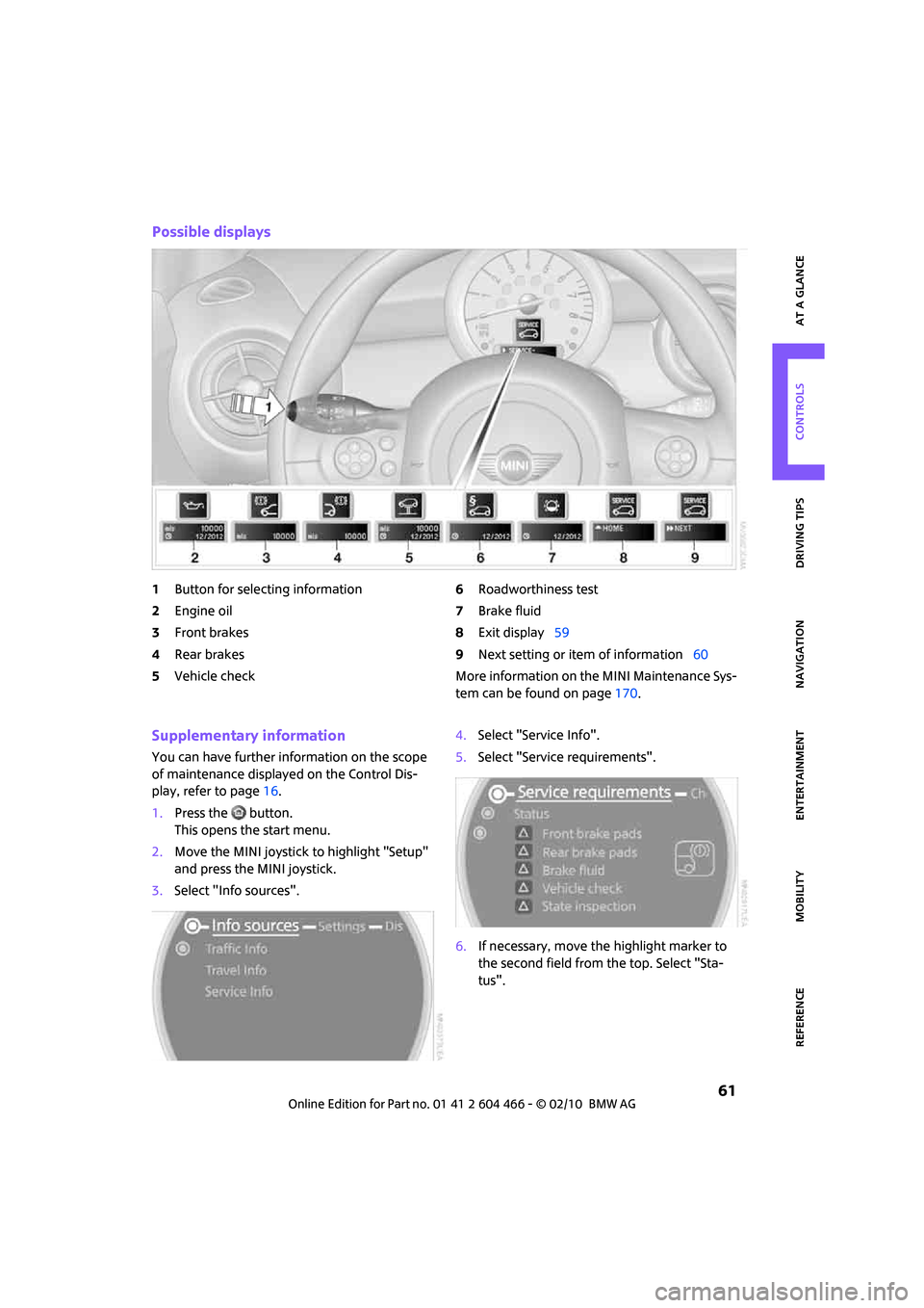 MINI Clubman 2010   (Mini Connected) Repair Manual MOBILITYAT A GLANCE CONTROLS DRIVING TIPS ENTERTAINMENT
 61
NAVIGATION REFERENCE
Possible displays
1Button for selecting information
2Engine oil
3Front brakes
4Rear brakes
5Vehicle check6Roadworthines