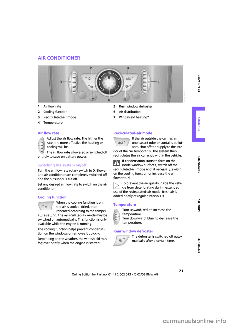 MINI Clubman 2009 Manual PDF REFERENCEAT A GLANCE CONTROLS DRIVING TIPS MOBILITY
 71
Air conditioner
1Air flow rate
2Cooling function
3Recirculated-air mode
4Temperature5Rear window defroster
6Air distribution
7Windshield heating