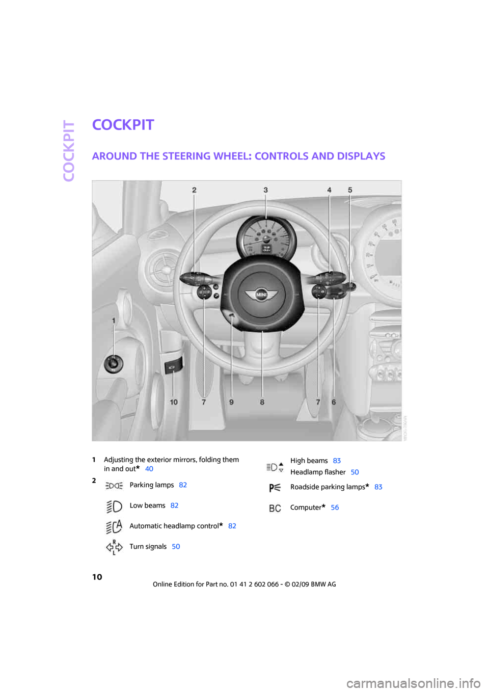 MINI Clubman 2009  Owners Manual (Mini Connected) Cockpit
10
Cockpit
Around the steering wheel: Controls and displays
1Adjusting the exterior mirrors, folding them 
in and out
*40
2
Parking lamps82
Low beams82
Automatic headlamp control
*82
Turn sign