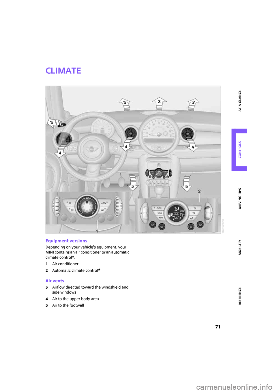 MINI Clubman 2008 Owners Manual ReferenceAt a glance Controls Driving tips Mobility
71
Climate
Equipment versions
Depending on your vehicles equipment, your
MINI contains an air conditioner
or an automatic
climate control
*.
1A MINI Clubman 2008 Owners Manual ReferenceAt a glance Controls Driving tips Mobility
71
Climate
Equipment versions
Depending on your vehicles equipment, your
MINI contains an air conditioner
or an automatic
climate control
*.
1A