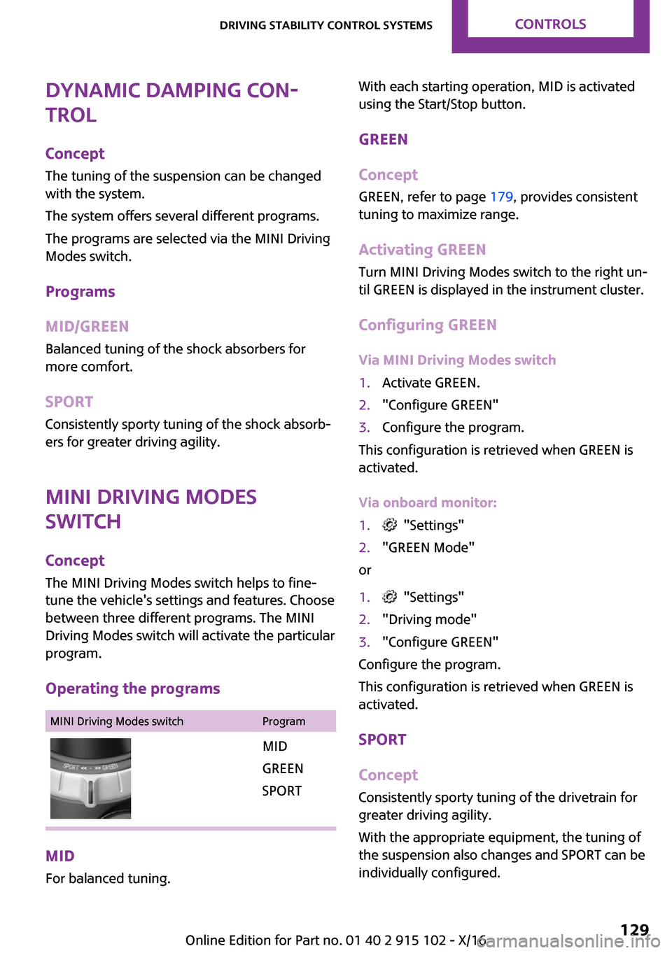 MINI Convertible 2017  Owners Manual �D�y�n�a�m�i�c��D�a�m�p�i�n�g��C�o�n