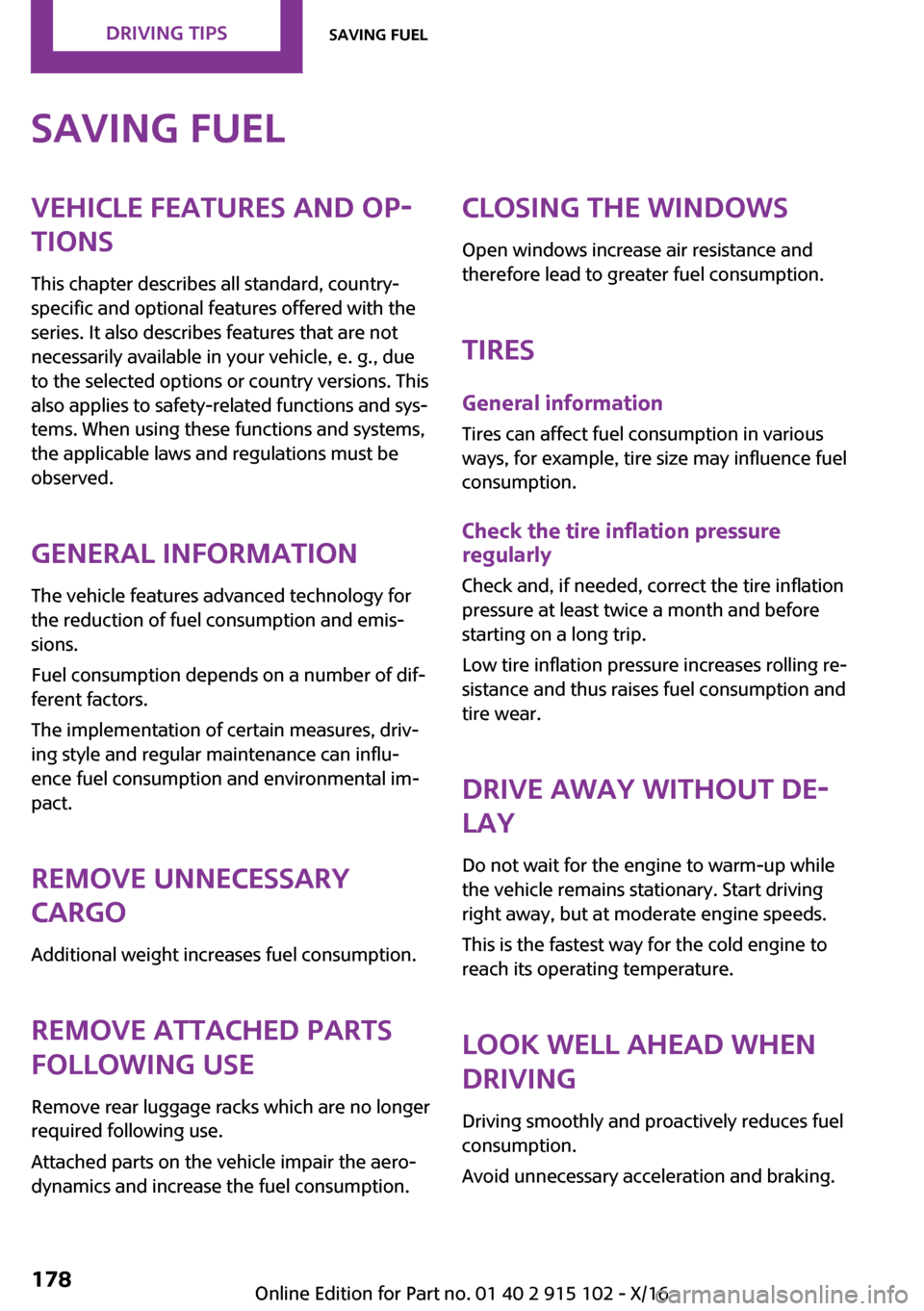 MINI Convertible 2017  Owners Manual �S�a�v�i�n�g��f�u�e�l�V�e�h�i�c�l�e��f�e�a�t�u�r�e�s��a�n�d��o�p