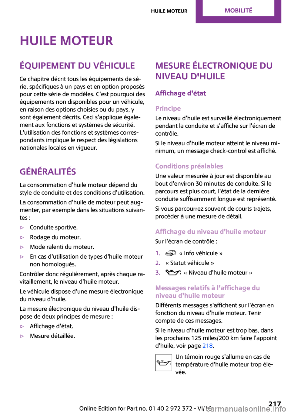 MINI Convertible 2016  Manuel du propriétaire (in French) �H�u�i�l�e��m�o�t�e�u�r�