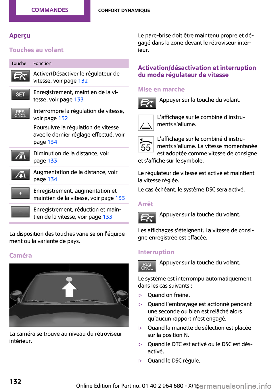 MINI Convertible 2015 Manuel du propriétaire (in French) Aperçu
Touches au volantToucheFonctionActiver/Désactiver le régulateur de
vitesse, voir page 132Enregistrement, maintien de la vi‐
tesse, voir page 133Interrompre la régulation de vitesse,
voi MINI Convertible 2015 Manuel du propriétaire (in French) Aperçu
Touches au volantToucheFonctionActiver/Désactiver le régulateur de
vitesse, voir page 132Enregistrement, maintien de la vi‐
tesse, voir page 133Interrompre la régulation de vitesse,
voi