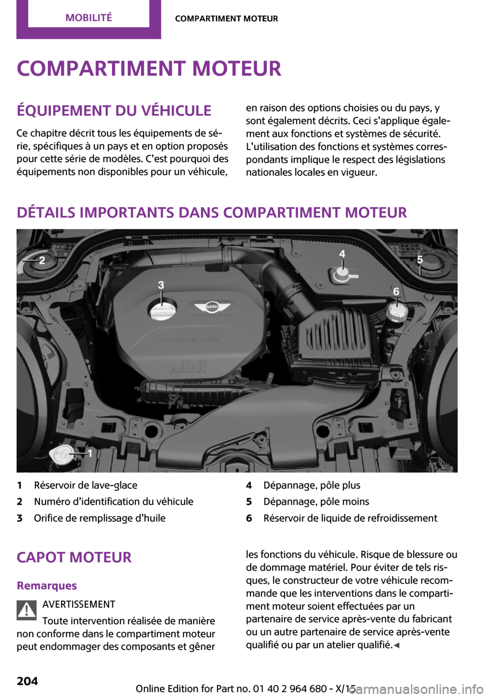 MINI Convertible 2015 Manuel du propriétaire (in French) Compartiment moteurÉquipement du véhicule
Ce chapitre décrit tous les équipements de sé‐
rie, spécifiques à un pays et en option proposés
pour cette série de modèles. Cest pourquoi des
é MINI Convertible 2015 Manuel du propriétaire (in French) Compartiment moteurÉquipement du véhicule
Ce chapitre décrit tous les équipements de sé‐
rie, spécifiques à un pays et en option proposés
pour cette série de modèles. Cest pourquoi des
é
