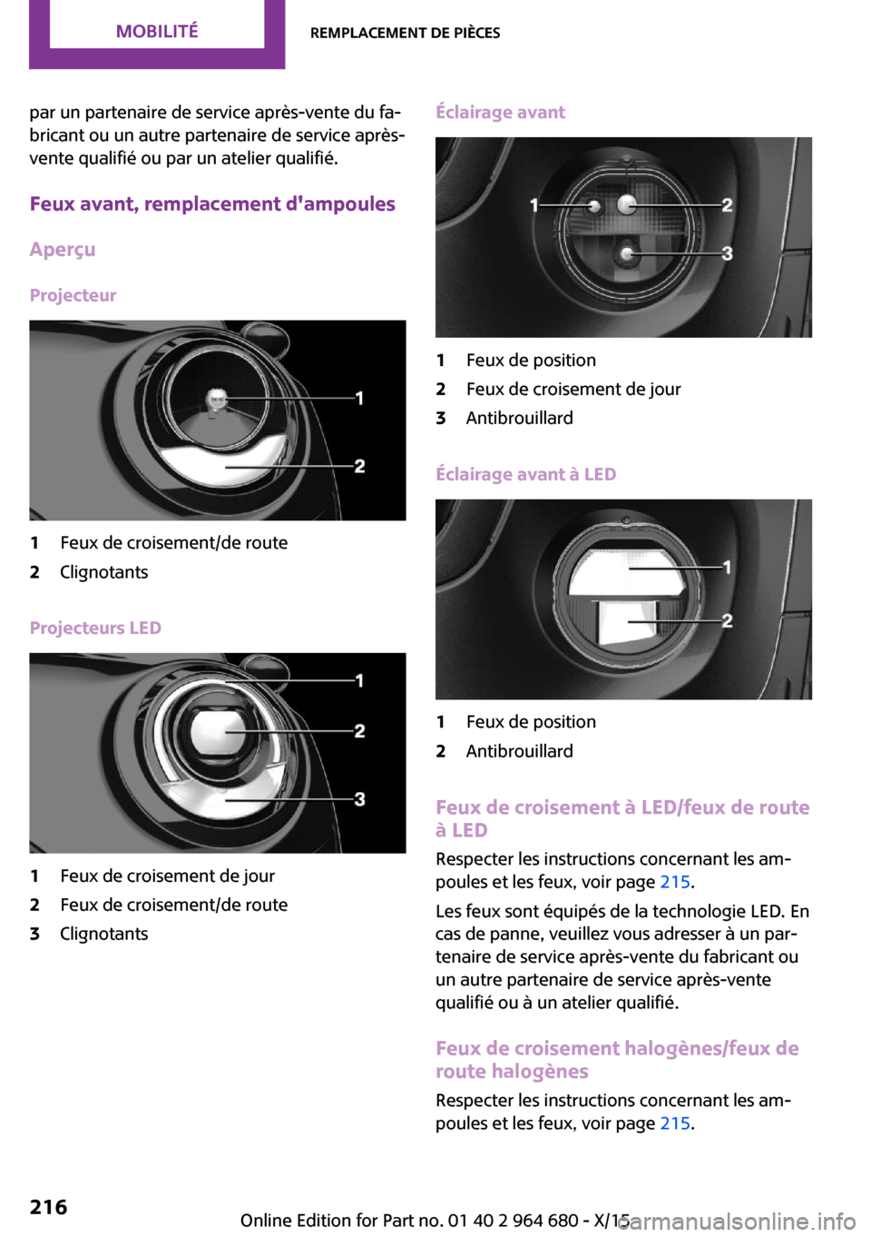 MINI Convertible 2015 Manuel du propriétaire (in French) par un partenaire de service après-vente du fa‐
bricant ou un autre partenaire de service après-
vente qualifié ou par un atelier qualifié.
Feux avant, remplacement dampoules
Aperçu
Projecteur MINI Convertible 2015 Manuel du propriétaire (in French) par un partenaire de service après-vente du fa‐
bricant ou un autre partenaire de service après-
vente qualifié ou par un atelier qualifié.
Feux avant, remplacement dampoules
Aperçu
Projecteur