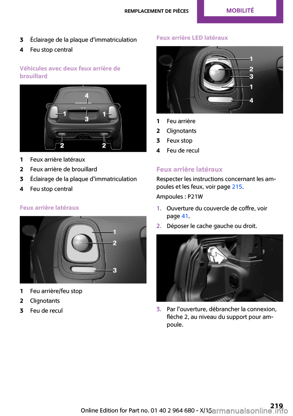 MINI Convertible 2015 Manuel du propriétaire (in French) 3Éclairage de la plaque dimmatriculation4Feu stop central
Véhicules avec deux feux arrière de
brouillard
1Feux arrière latéraux2Feux arrière de brouillard3Éclairage de la plaque dimmatriculat MINI Convertible 2015 Manuel du propriétaire (in French) 3Éclairage de la plaque dimmatriculation4Feu stop central
Véhicules avec deux feux arrière de
brouillard
1Feux arrière latéraux2Feux arrière de brouillard3Éclairage de la plaque dimmatriculat