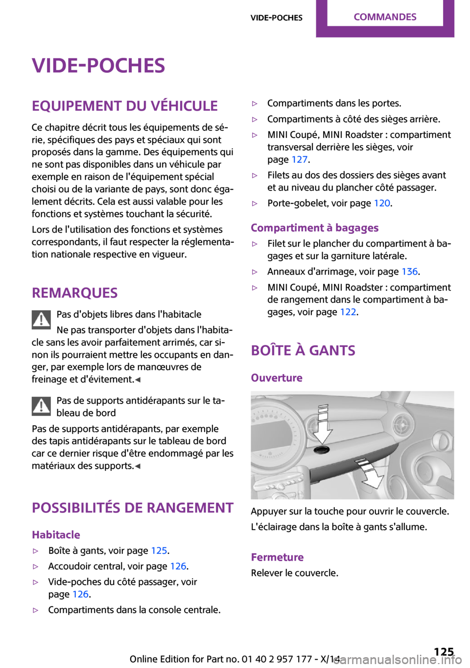 MINI Convertible 2014  Manuel du propriétaire (in French) Vide-pochesEquipement du véhicule
Ce chapitre décrit tous les équipements de sé‐
rie, spécifiques des pays et spéciaux qui sont
proposés dans la gamme. Des équipements qui
ne sont pas dispon