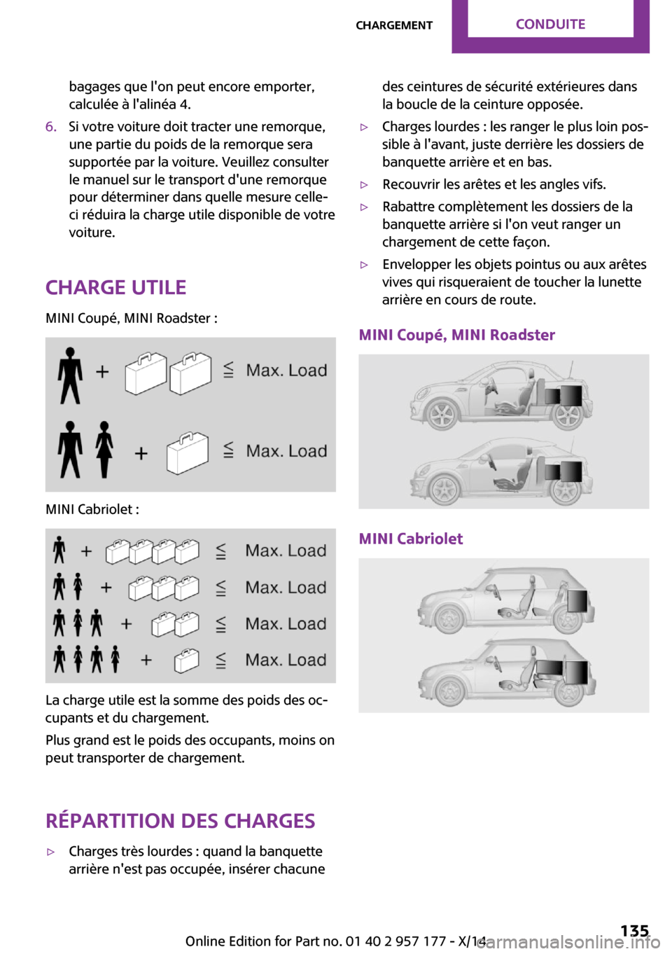 MINI Convertible 2014  Manuel du propriétaire (in French) bagages que lon peut encore emporter,
calculée à lalinéa 4.6.Si votre voiture doit tracter une remorque,
une partie du poids de la remorque sera
supportée par la voiture. Veuillez consulter
le m