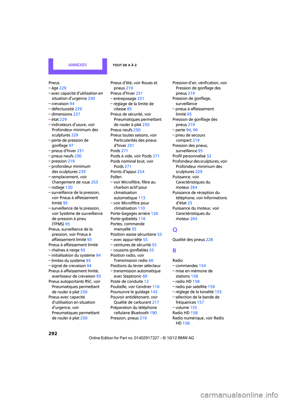 MINI Convertible 2012  Manuel du propriétaire (in French) AnnexesTout de A à Z
292
Pneus
– âge229
– avec capacité dutilisation en  situation durgence 230
– crevaison 94
– défectuosité 229
– dimensions 227
– état 229
– indicateurs dusur