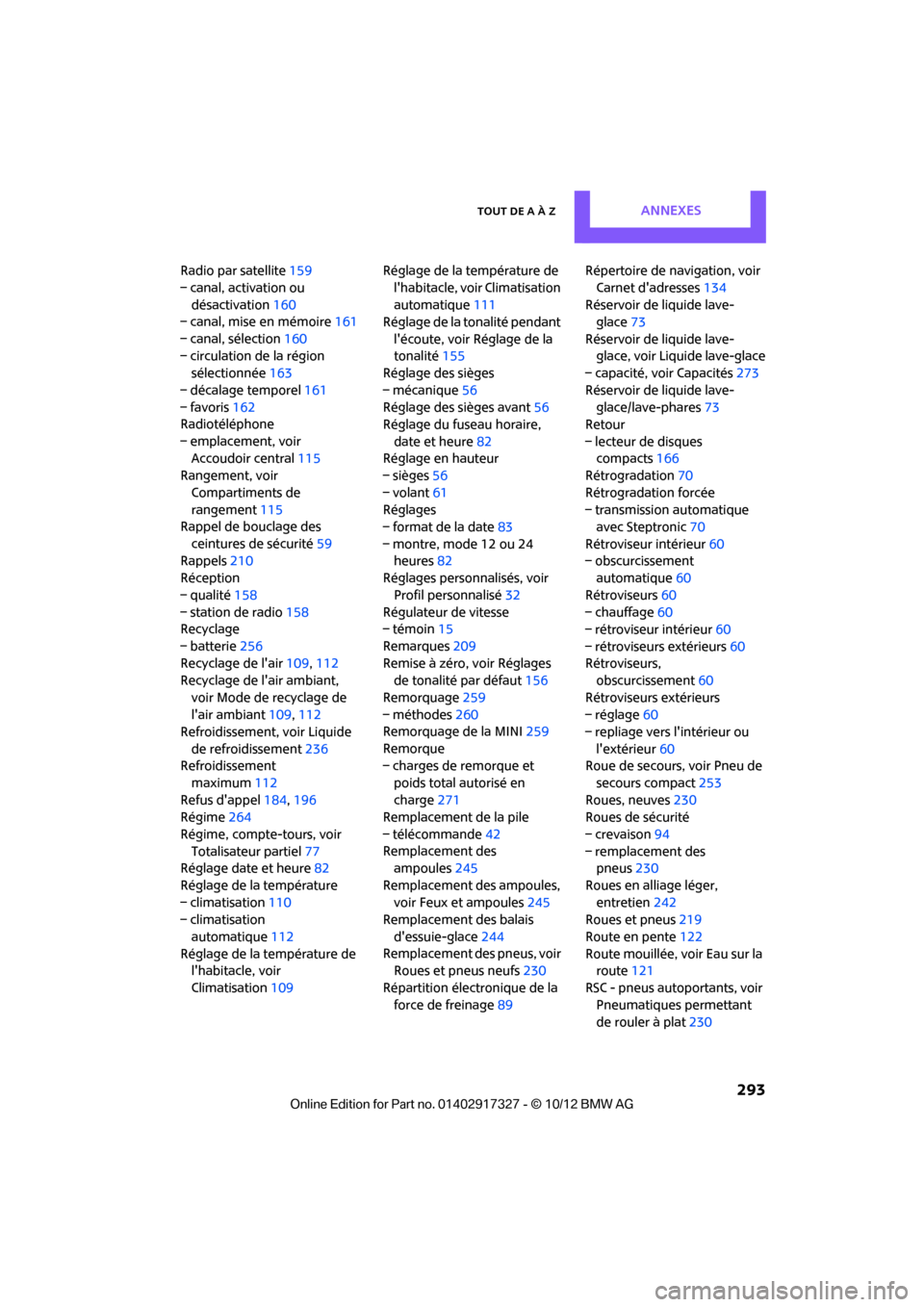 MINI Convertible 2012  Manuel du propriétaire (in French) Tout de A à ZAnnexes
 293
Radio par satellite159
– canal, activation ou  désactivation 160
– canal, mise en mémoire 161
– canal, sélection 160
– circulation de la région  sélectionnée 1