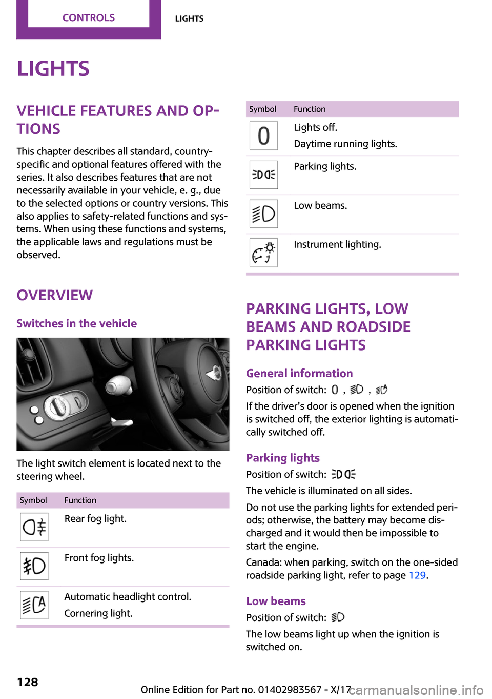 MINI Countryman 2018  Owners Manual �L�i�g�h�t�s�V�e�h�i�c�l�e��f�e�a�t�u�r�e�s��a�n�d��o�p