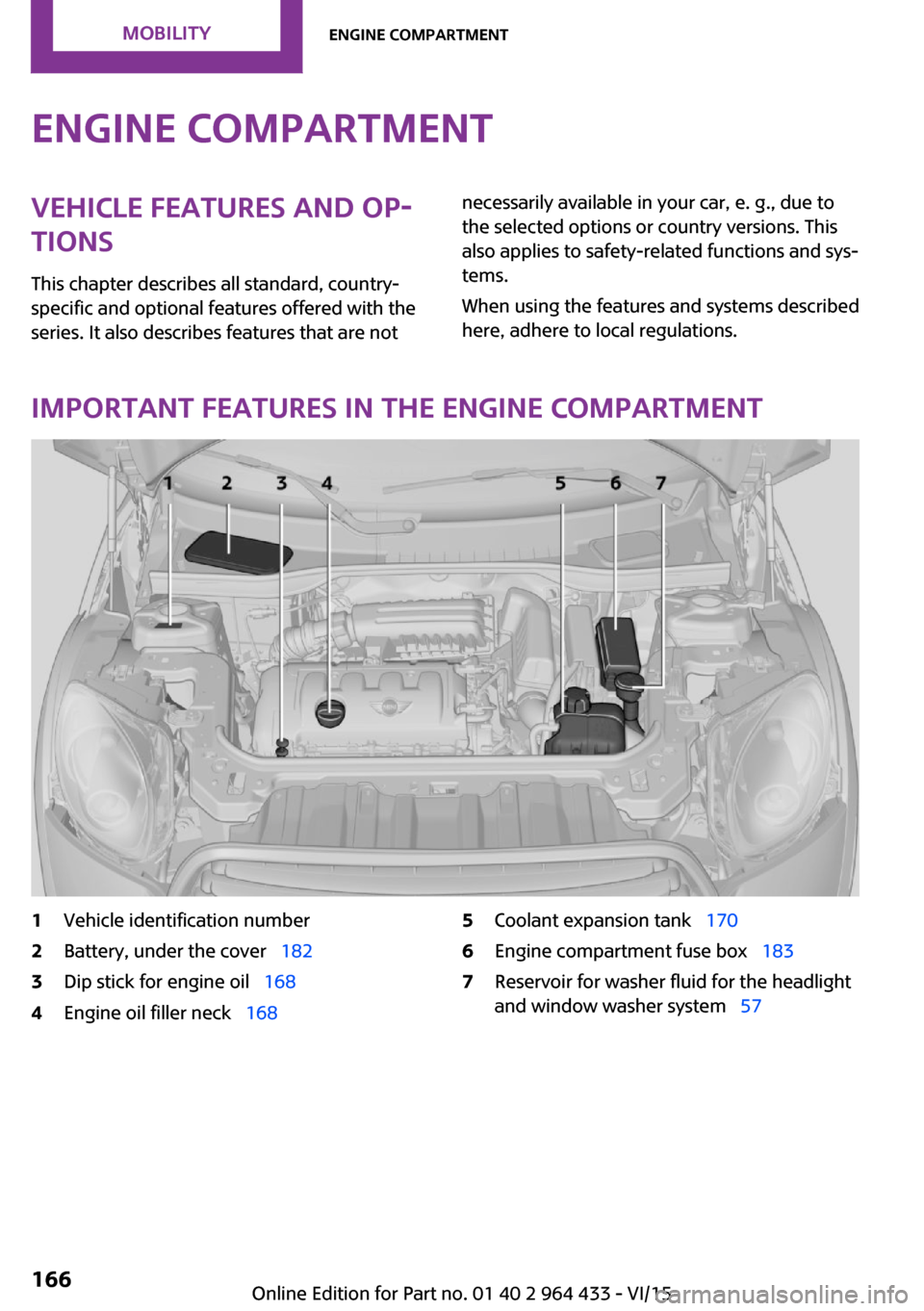 MINI Countryman 2016 Owners Manual Engine compartmentVehicle features and op‐
tions
This chapter describes all standard, country-
specific and optional features offered with the series. It also describes features that are notnecessar MINI Countryman 2016 Owners Manual Engine compartmentVehicle features and op‐
tions
This chapter describes all standard, country-
specific and optional features offered with the series. It also describes features that are notnecessar
