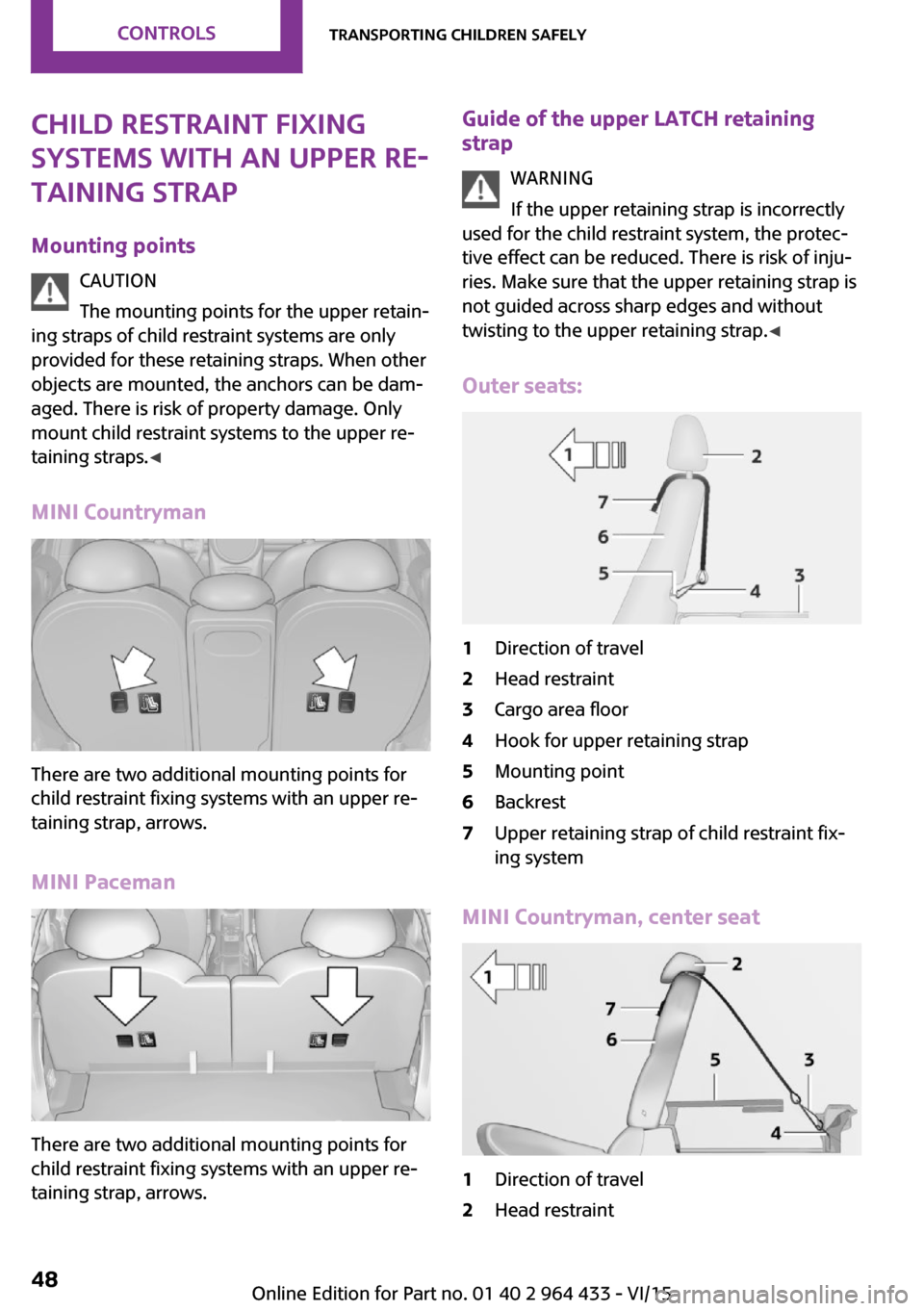 MINI Countryman 2016  Owners Manual Child restraint fixing
systems with an upper re‐
taining strap
Mounting points CAUTION
The mounting points for the upper retain‐
ing straps of child restraint systems are only
provided for these r