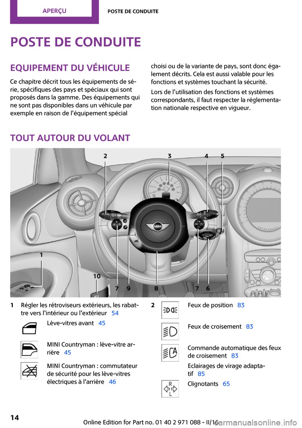 MINI Countryman 2016  Manuel du propriétaire (in French) �P�o�s�t�e��d�e��c�o�n�d�u�i�t�e�E�q�u�i�p�e�m�e�n�t��d�u��v�é�h�i�c�u�l�e
�C�e� �c�h�a�p�i�t�r�e� �d�é�c�r�i�t� �t�o�u�s� �l�e�s� �é�q�u�i�p�e�m�e�n�t�s� �d�e� �s�é~ �r�i�e�,� �s�p�é�c�i�f�