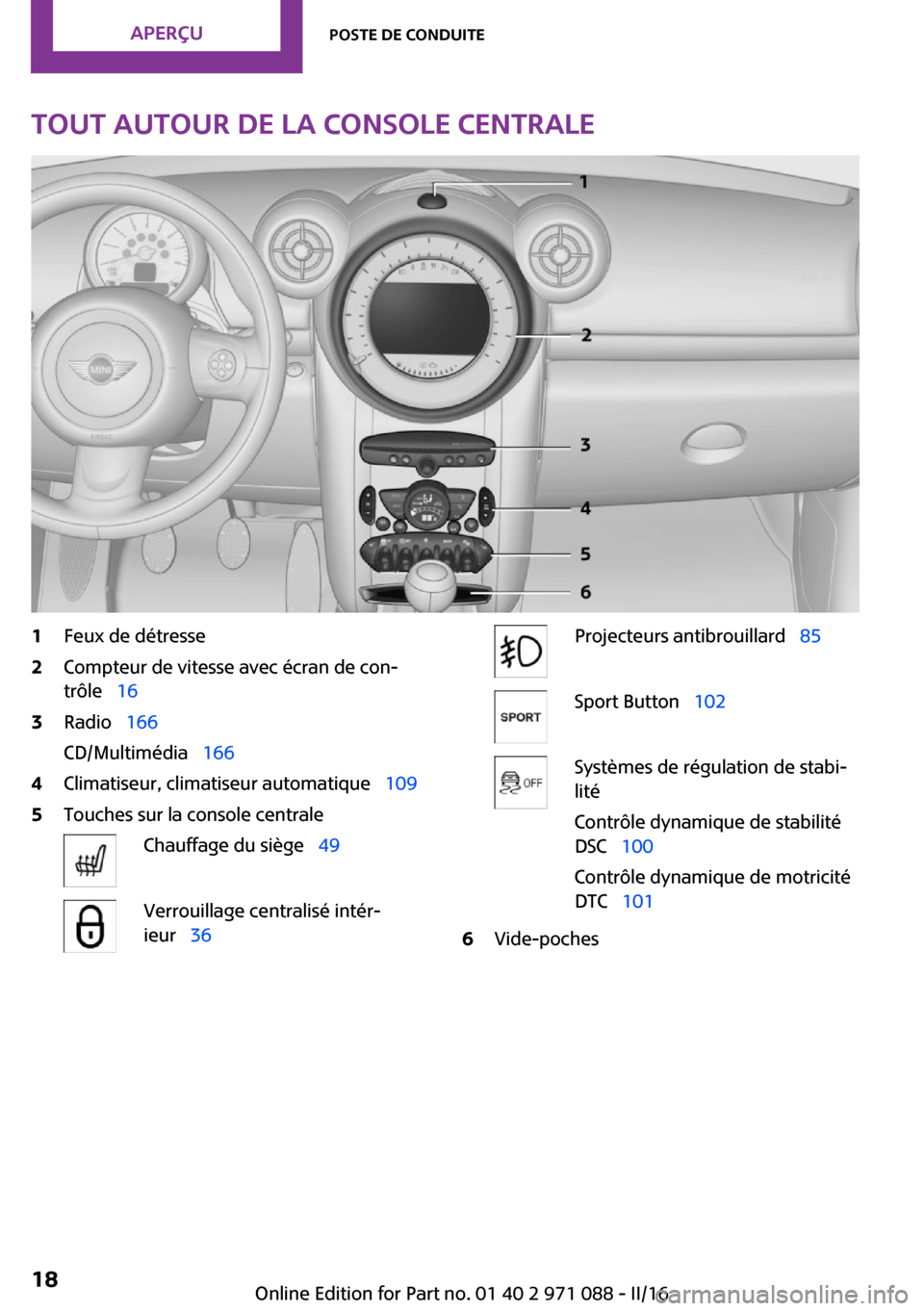 MINI Countryman 2016  Manuel du propriétaire (in French) �T�o�u�t��a�u�t�o�u�r��d�e��l�a��c�o�n�s�o�l�e��c�e�n�t�r�a�l�e�1�F�e�u�x� �d�e� �d�é�t�r�e�s�s�e�2�C�o�m�p�t�e�u�r� �d�e� �v�i�t�e�s�s�e� �a�v�e�c� �é�c�r�a�n� �d�e� �c�o�n~
�t�r�