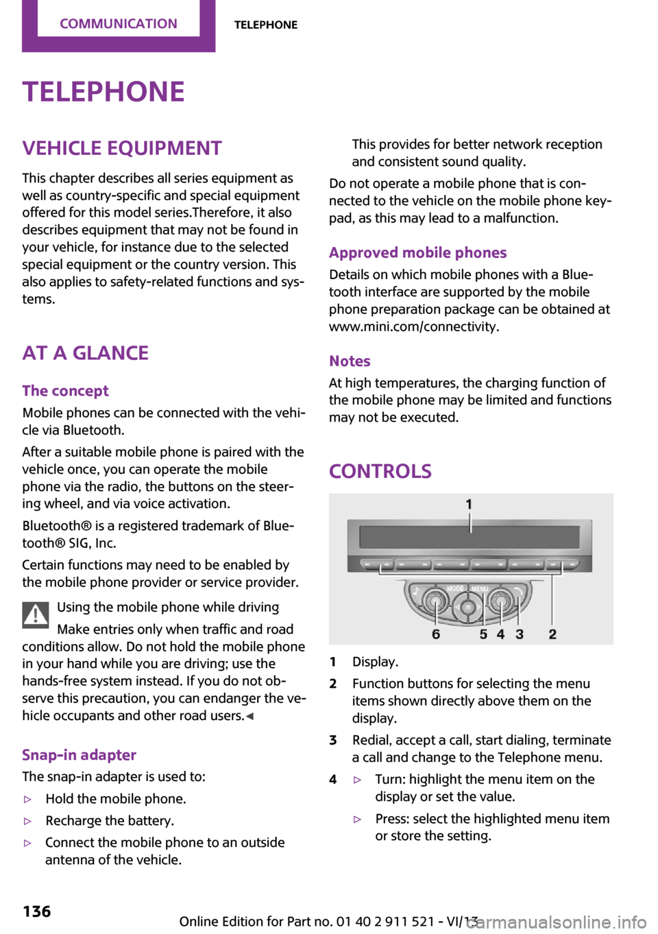 MINI Countryman 2014 Owners Guide TelephoneVehicle equipment
This chapter describes all series equipment as
well as country-specific and special equipment
offered for this model series.Therefore, it also
describes equipment that may n