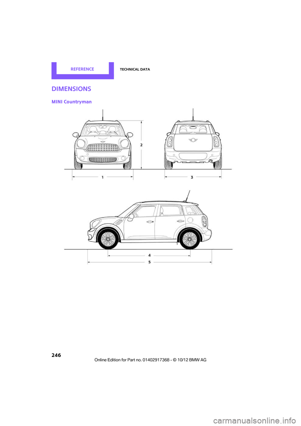 MINI Countryman 2013 Owners Manual REFERENCETechnical data
246
Dimensions
MINI Countryman
00320051004F004C00510048000300280047004C0057004C005200510003 MINI Countryman 2013 Owners Manual REFERENCETechnical data
246
Dimensions
MINI Countryman
00320051004F004C00510048000300280047004C0057004C005200510003