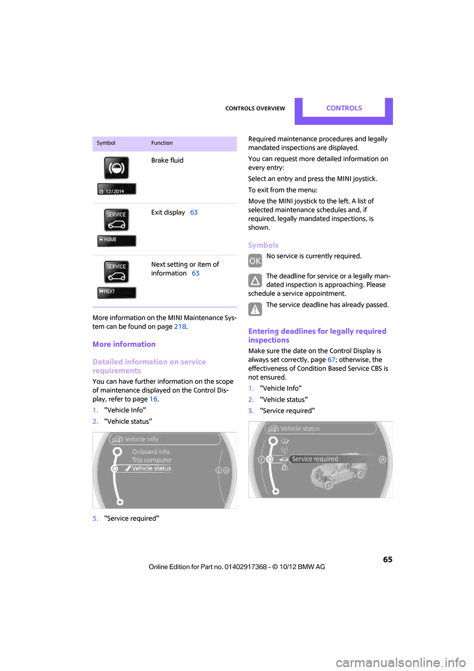 MINI Countryman 2013 Repair Manual Controls overviewCONTROLS
65
More information on the MINI Maintenance Sys-
tem can be found on page 218.
More information
Detailed information on service
requirements
You can have further informatio MINI Countryman 2013 Repair Manual Controls overviewCONTROLS
65
More information on the MINI Maintenance Sys-
tem can be found on page 218.
More information
Detailed information on service
requirements
You can have further informatio