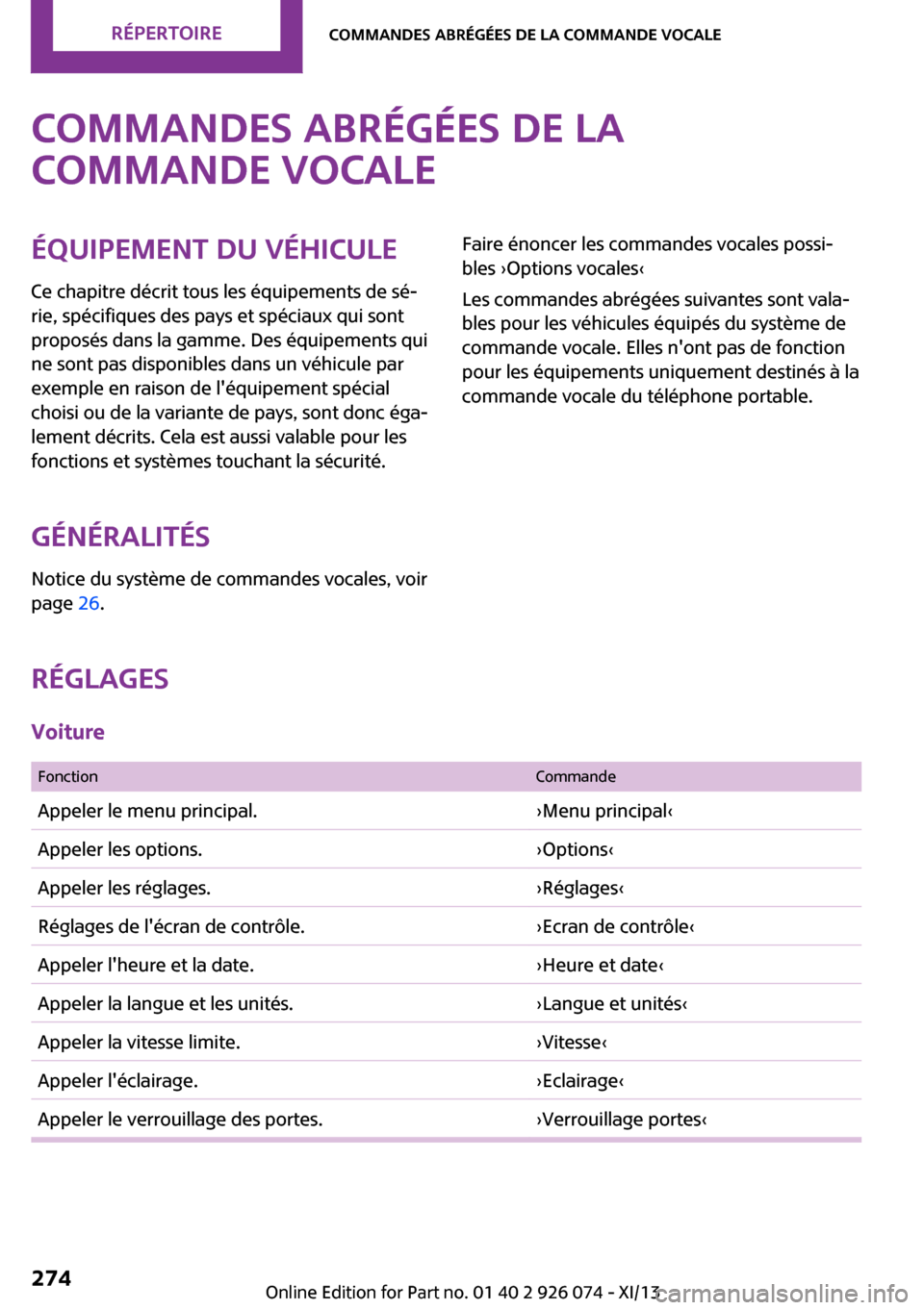 MINI Countryman 2013 Manuel du propriétaire (in French) Commandes abrégées de la
commande vocaleÉquipement du véhicule
Ce chapitre décrit tous les équipements de sé‐
rie, spécifiques des pays et spéciaux qui sont
proposés dans la gamme. Des éq MINI Countryman 2013 Manuel du propriétaire (in French) Commandes abrégées de la
commande vocaleÉquipement du véhicule
Ce chapitre décrit tous les équipements de sé‐
rie, spécifiques des pays et spéciaux qui sont
proposés dans la gamme. Des éq