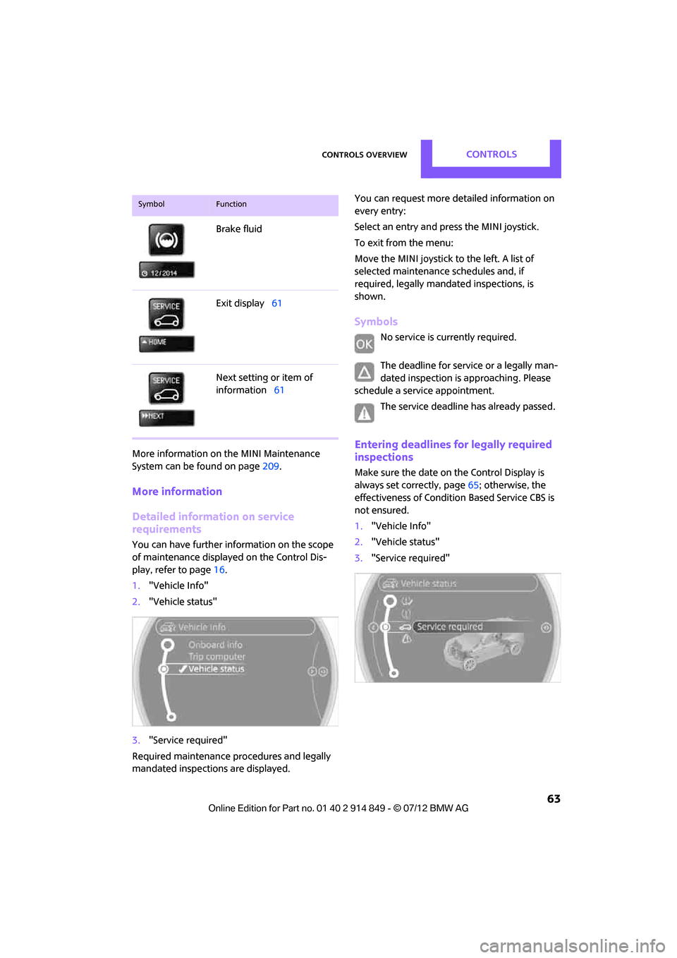 MINI Countryman 2012  Owners Manual (Mini Connected) Controls overviewCONTROLS
 63
More information on the MINI Maintenance 
System can be found on page 209.
More information
Detailed information on service 
requirements
You can have further information