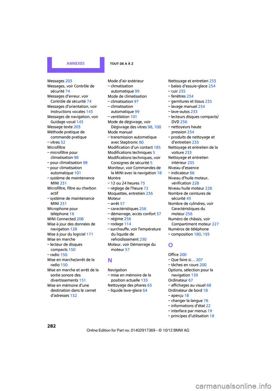 MINI Countryman 2012  Manuel du propriétaire (in French) AnnexesTout de A à Z
282
Messages203
Messages, voir Contrôle de  sécurité 74
Messages derreur, voir 
Contrôle de sécurité 74
Messages dorientation, voir  Instructions vocales 143
Messages de 
