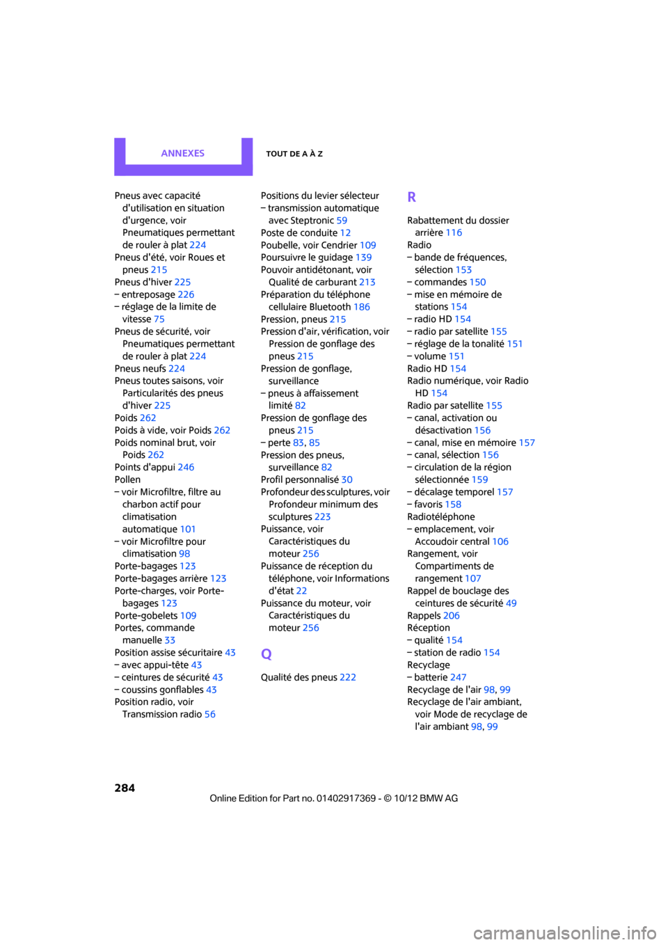 MINI Countryman 2012  Manuel du propriétaire (in French) AnnexesTout de A à Z
284
Pneus avec capacité dutilisation en situation 
durgence, voir 
Pneumatiques permettant 
de rouler à plat 224
Pneus dété, vo ir Roues et 
pneus 215
Pneus dhiver 225
�