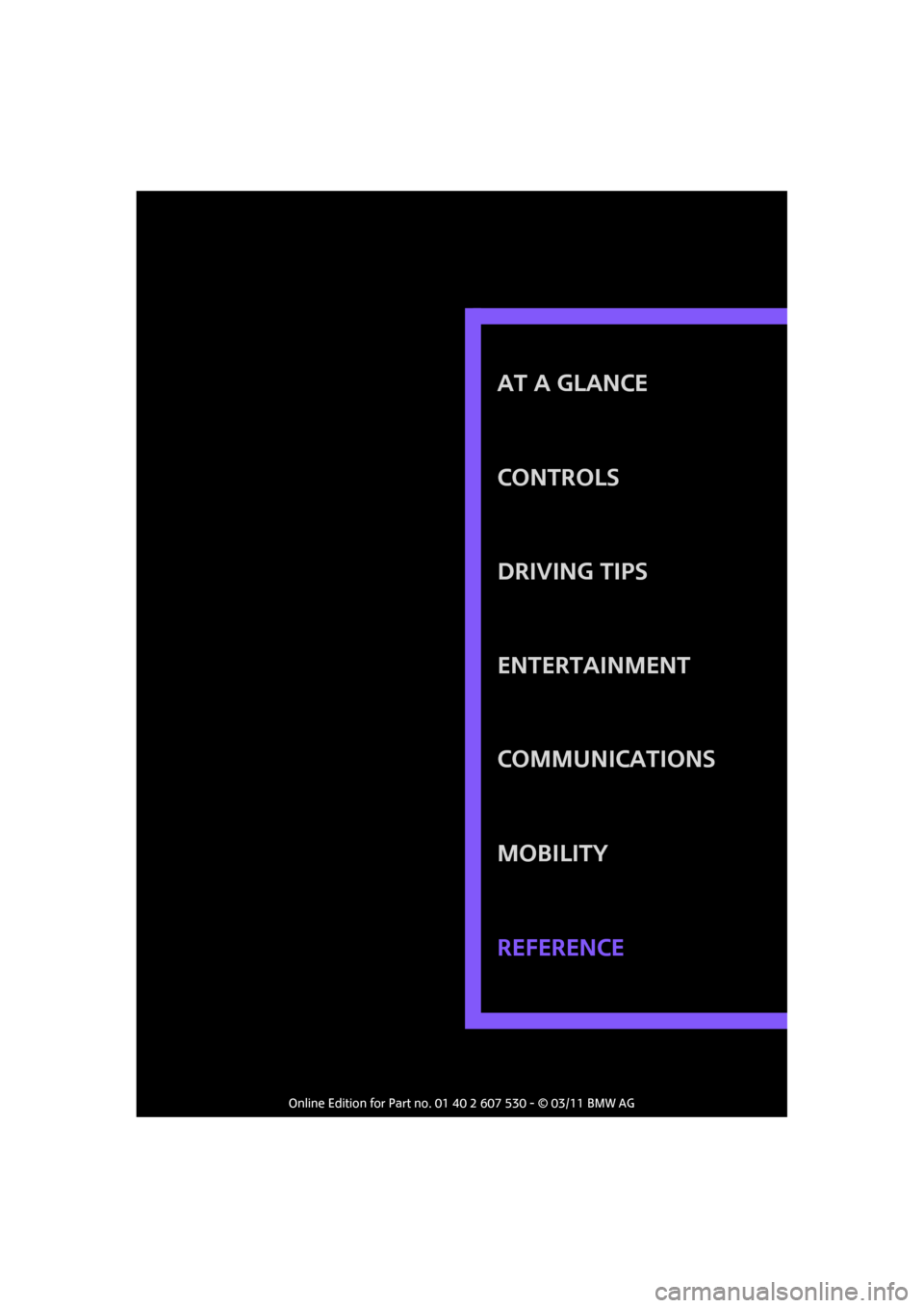 MINI Countryman 2011  Owners Manual AT A GLANCE
Controls
Driving tips
Entertainment
Communications
Mobility
Reference 