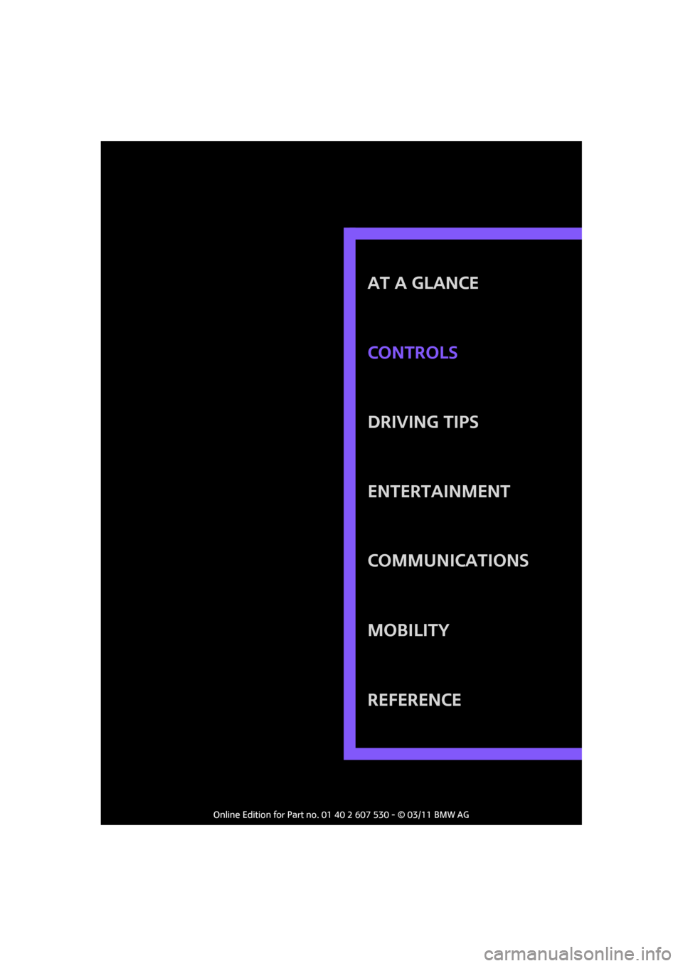 MINI Countryman 2011 Owners Guide AT A GLANCE
Driving tips
Entertainment
Communications
Mobility
Reference Controls MINI Countryman 2011 Owners Guide AT A GLANCE
Driving tips
Entertainment
Communications
Mobility
Reference Controls