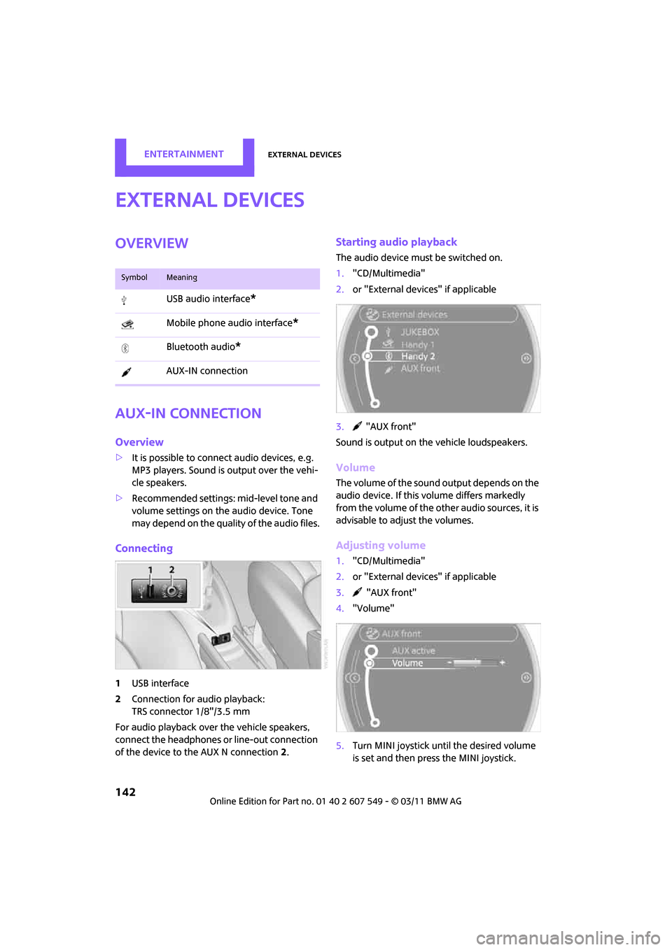 MINI Countryman 2011 Owners Manual (Mini Connected) ENTERTAINMENTExternal devices
142
External devices
Overview
AUX-IN connection
Overview
>It is possible to connect audio devices, e.g.
MP3 players. Sound is output over the vehi-
cle speakers.
> Reco MINI Countryman 2011 Owners Manual (Mini Connected) ENTERTAINMENTExternal devices
142
External devices
Overview
AUX-IN connection
Overview
>It is possible to connect audio devices, e.g.
MP3 players. Sound is output over the vehi-
cle speakers.
> Reco