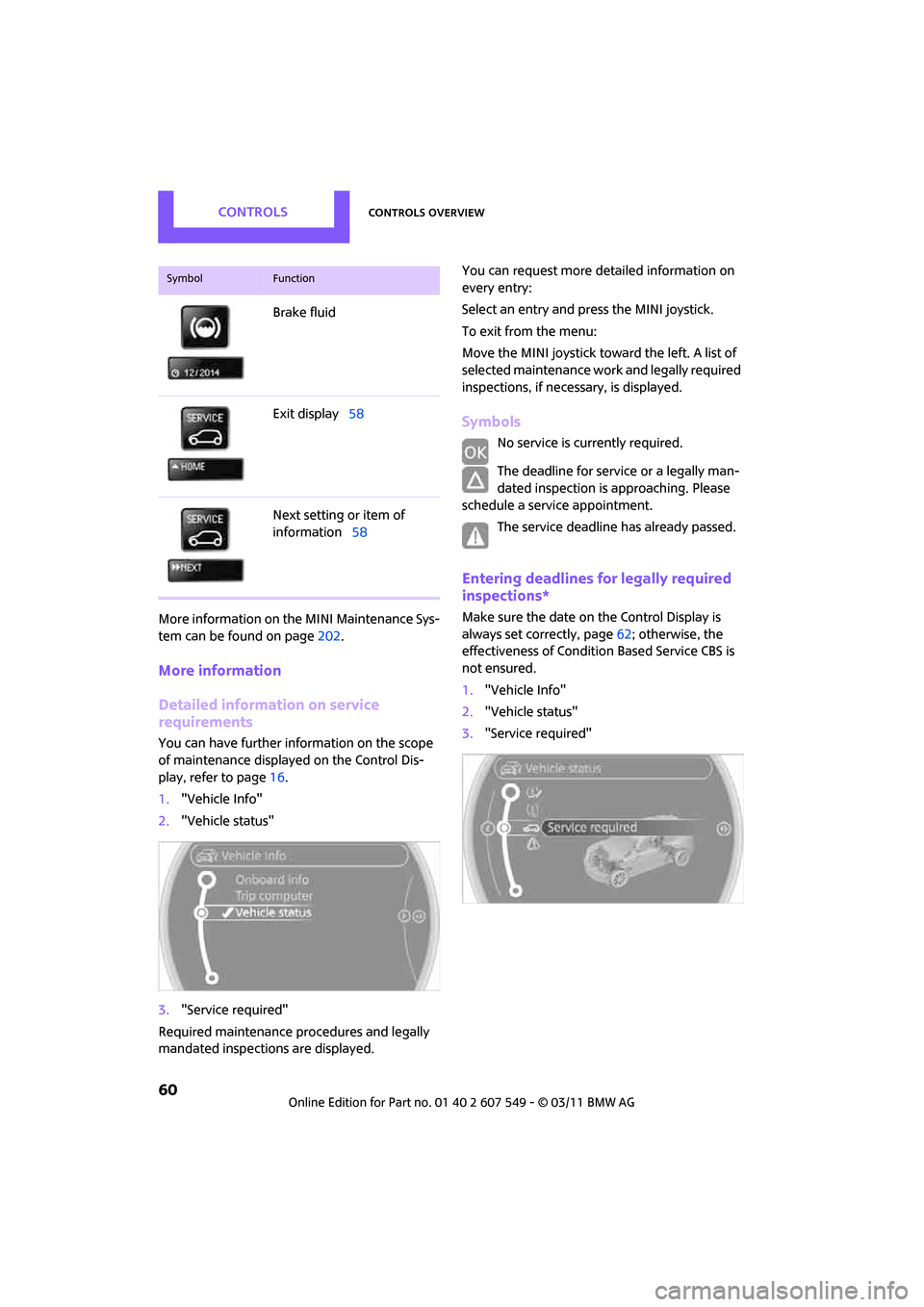 MINI Countryman 2011 Owners Manual (Mini Connected) CONTROLSControls overview
60
More information on the MINI Maintenance Sys-
tem can be found on page 202.
More information
Detailed information on service
requirements
You can have further information MINI Countryman 2011 Owners Manual (Mini Connected) CONTROLSControls overview
60
More information on the MINI Maintenance Sys-
tem can be found on page 202.
More information
Detailed information on service
requirements
You can have further information